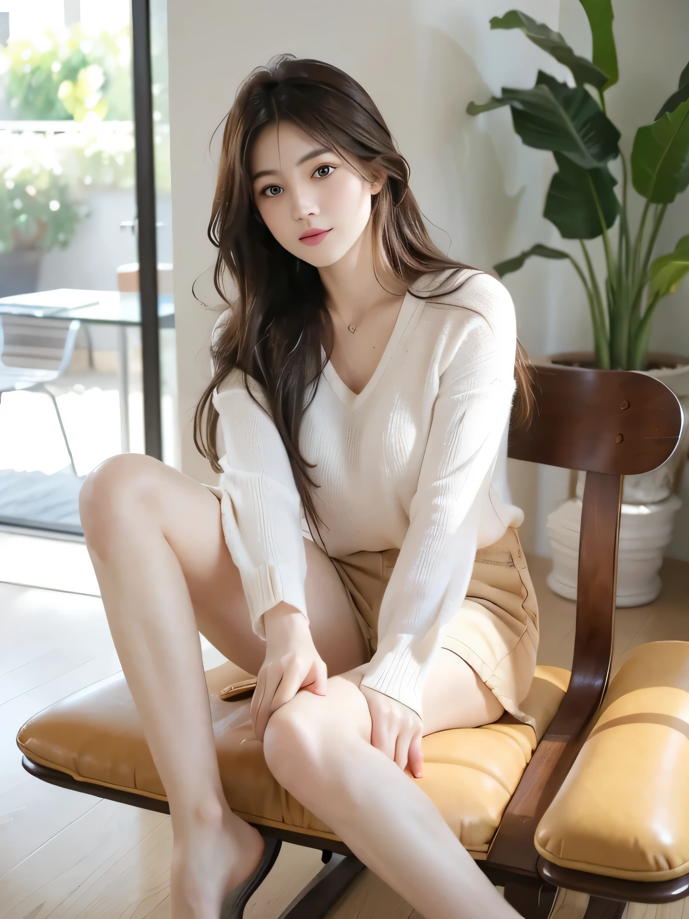 bright colors,soft light:1.2),(best quality,high resolution),1 girl,sit on the chair,barefoot,face camera, Detailed facial features, flowing hair, bright colors, soft light, portrait style