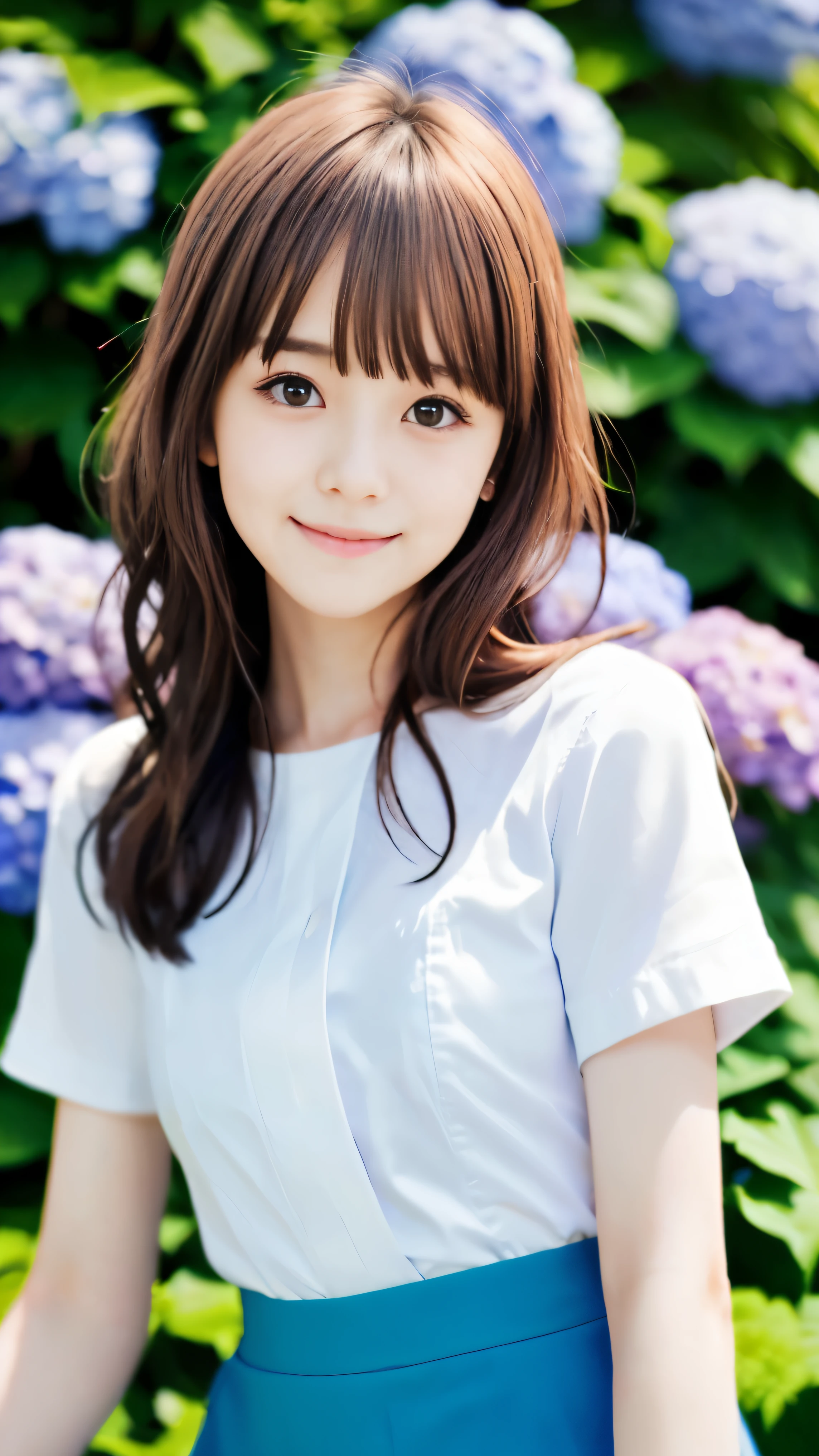 (wearing a white shirt and skirt、Close-up of the face of a slender small-breasted reddish-brown wavy long hair girl with blunt bangs:1.5)、(A girl looks at the hydrangea flowers in the hydrangea garden with a small smile:1.5)、(summer blue sky:1.5)、(blurred background:1.5)、(perfect anatomy:1.5)、photorealistic stick、RAW photo、table top、highest quality、High resolution、delicate and beautiful、perfect face、delicate and beautiful目元の空気肌、real human skin、((thin legs))
