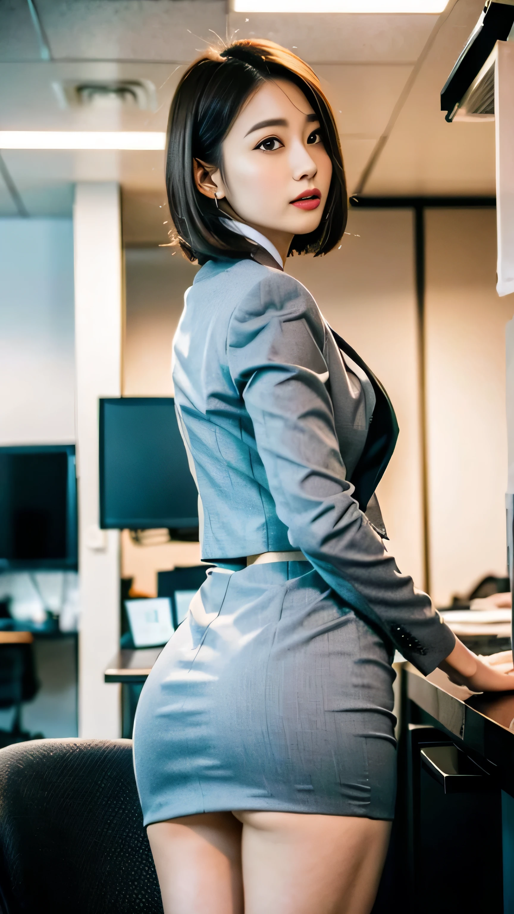 (highest quality, 8k, 32K, masterpiece, Hmm: 1.2), 1 girl, beautiful japanese woman, thin waist, gray suit, OL, suit, mini miniskirt, from behind, office, mechanical, (butt sticking out :1.3), detailed face, short hair,