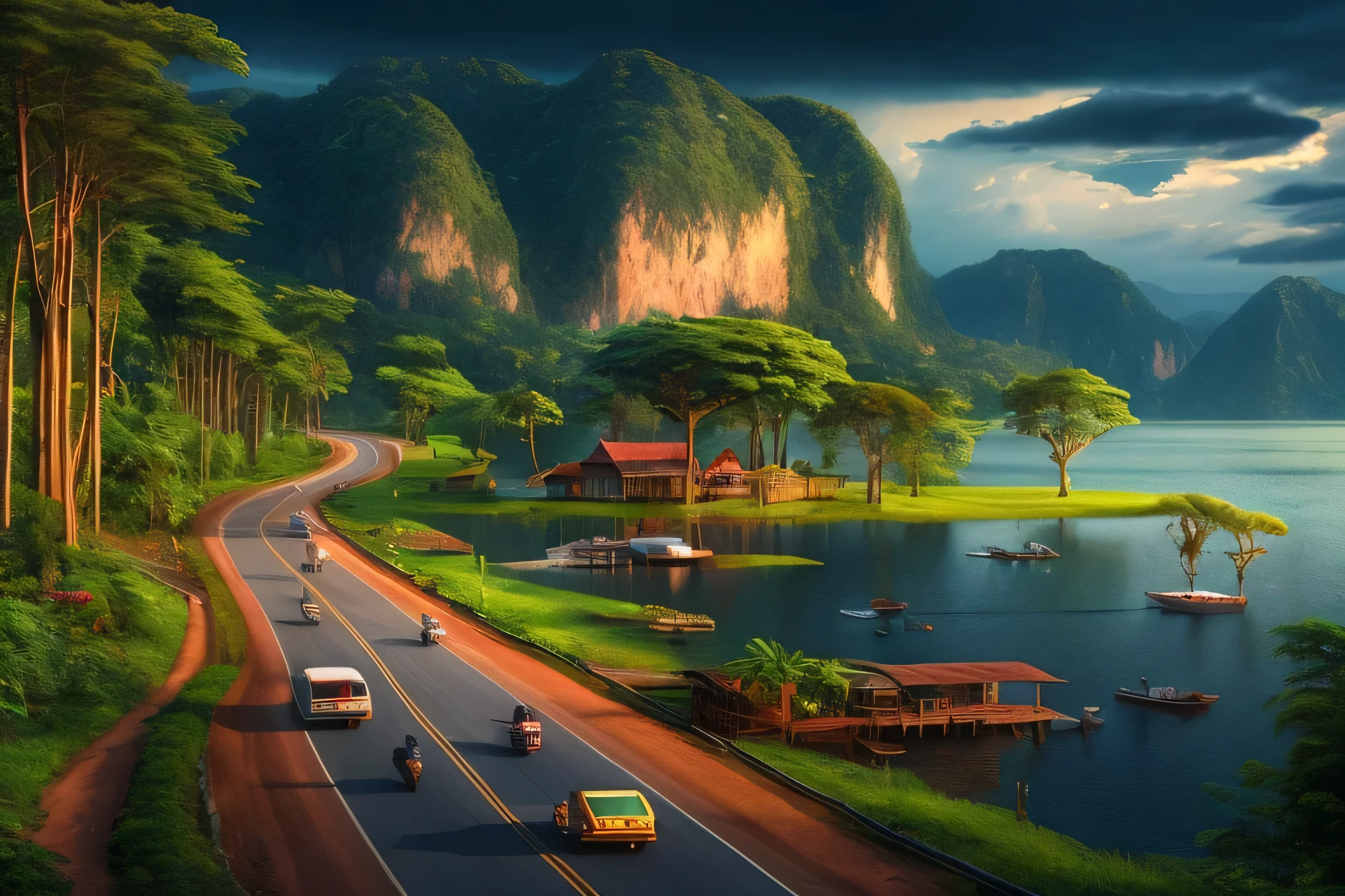 arafed view of a road with a boat and a house on the water, 4k highly detailed digital art, made of tree and fantasy valley, matte painting scenery, a beuatiful matte painting, amazing landscape, high quality matte painting, very beautiful scenery, beautiful oil matte painting, photorealistic landscape, 3 d render and matte painting