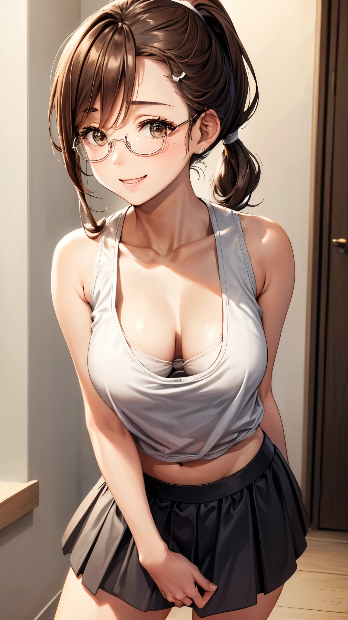 1 female,12 years old,brown hair,beautiful low ponytail hairstyle, (miniskirt and large white tank top, (double breasted,under bust:1),  natural smile,,frameless eyeglasses,(slouch),Cute bra