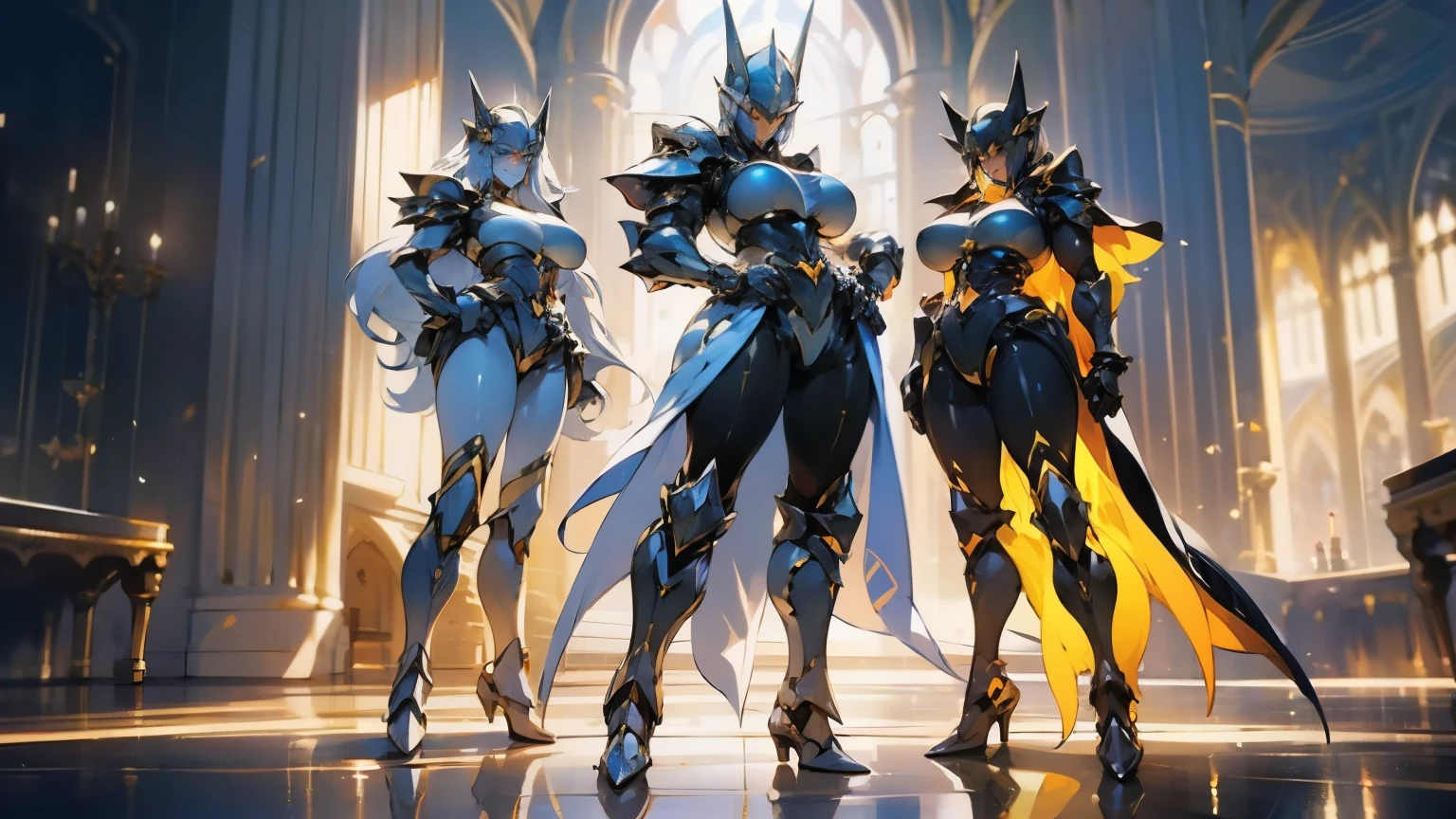 full body shot, 5 women posing , (Full armor), knight Cloak, (helm), (Yoga pants:0.5), looking on camera, standing on studio, beautiful face, makeup, (photorealism:1.2), ultrarealistic face, (muscle abs), (thick thighs), slim waist, hourglass figure, ((glowing skin)), ((shiny skin)), Realistic body, (sexy body:1.2), (clean skin), photorealistic,  motion blur, masterpiece, super detail, textured skin, big breasts, huge breasts, gigantic breasts,