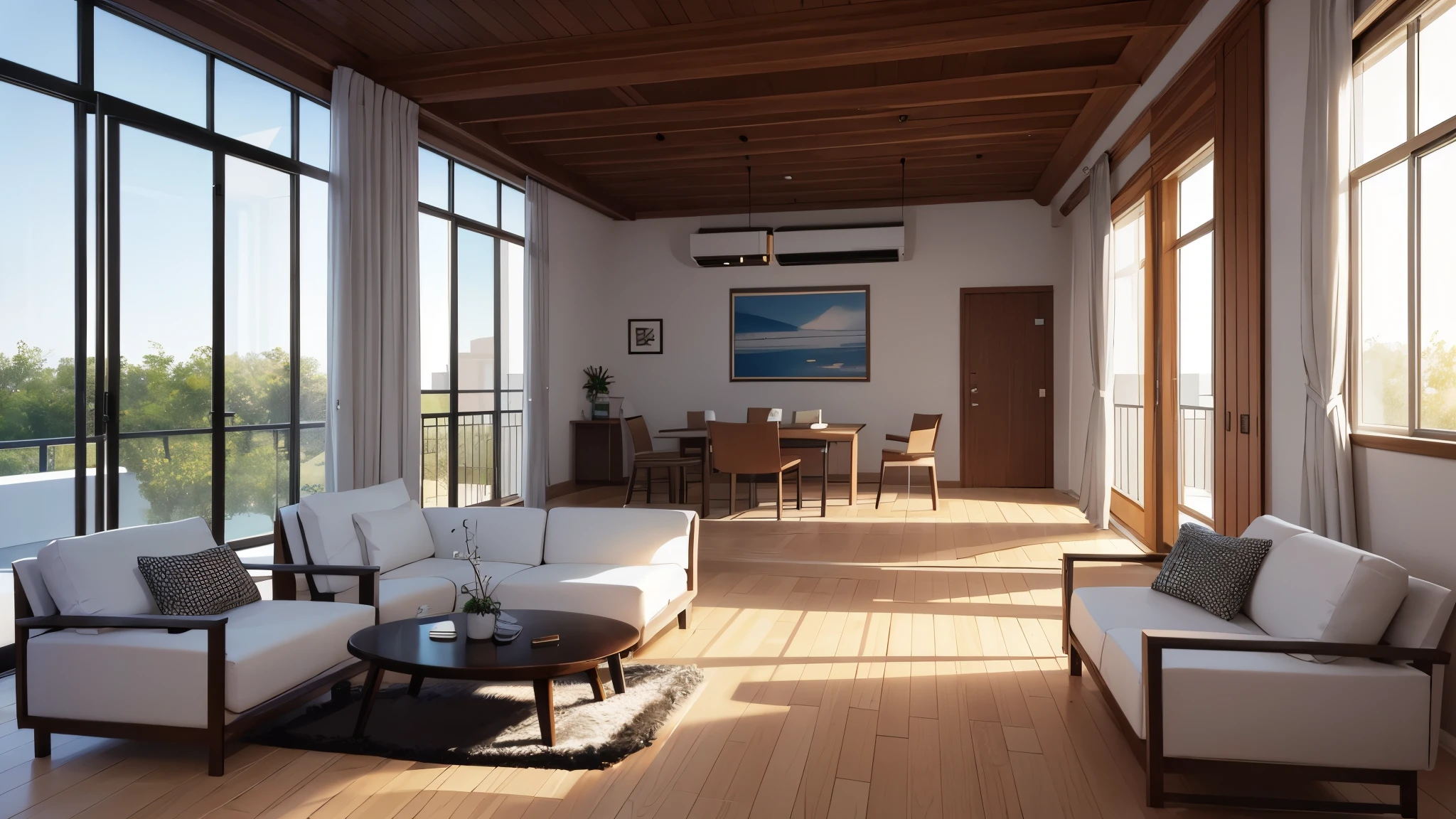 you are a famous interior designer、I was asked to create a 3D image of a large modern room.。. Create a harmonious environment with modern and minimalist furniture. Including garden interior.