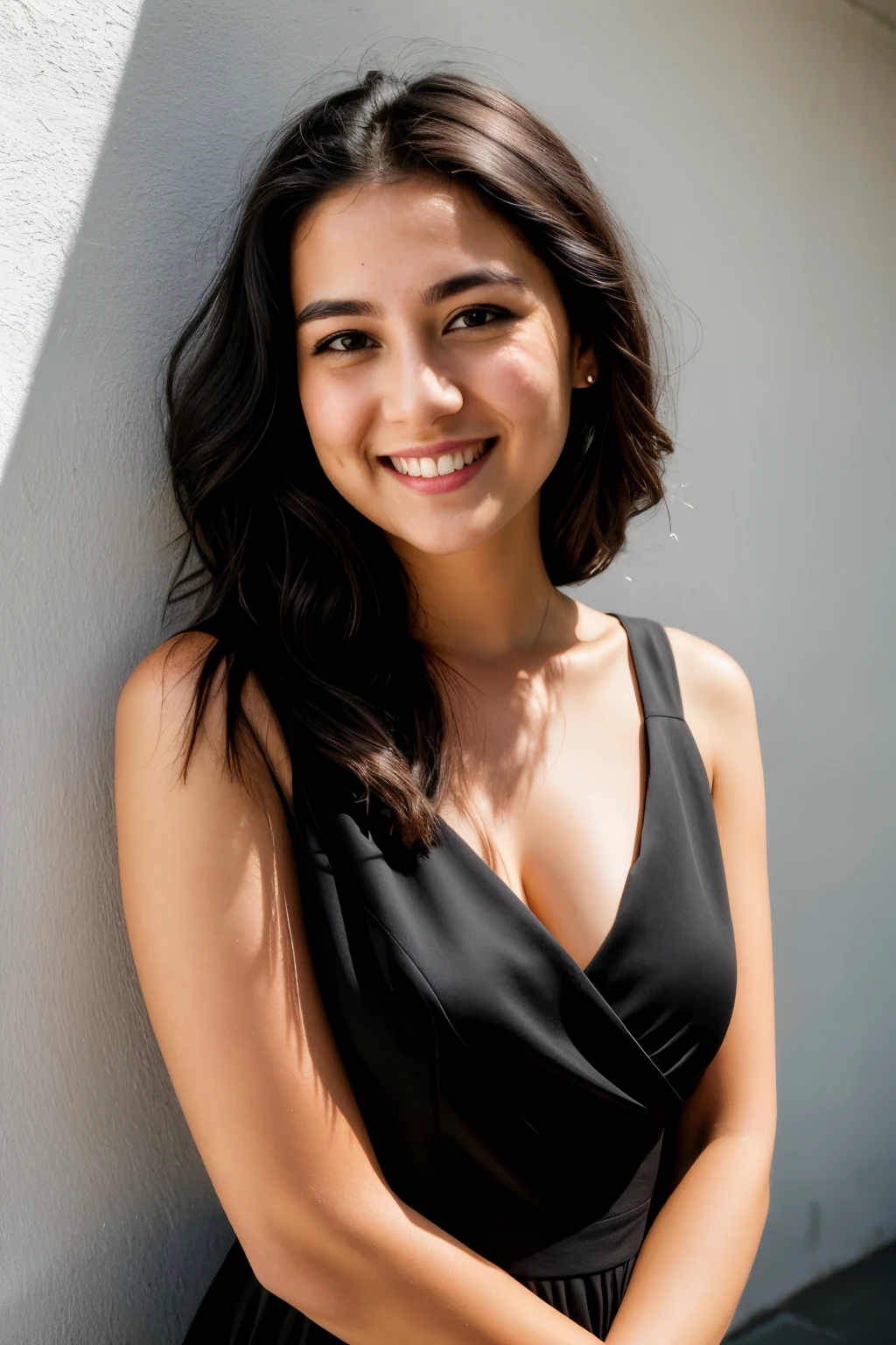 RAW photo, face portrait photo of beautiful 26 y.o woman, cute face, wearing black dress, happy face, hard shadows, cinematic shot, dramatic lighting