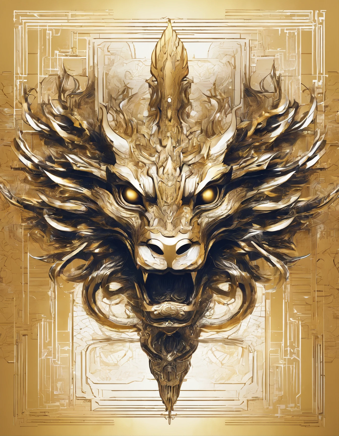 logo、masterpiece、(gold background:1)、golden chinese dragon、龍god様、Wind、god々、long wavy body、tooth、Upper body、fantasy、god話、highest quality、very detailed、masterpiece、narrative poem、particle effects、dynamic effects