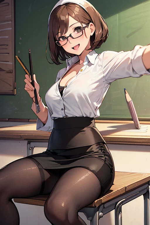 (masterpiece), best quality, expressive eyes, perfect face, 1woman, solo, mature woman, ((female teacher, pencil skirt, mini skirt, stockings:1.6)), glasses, brown hair, short hair, large breast, large butt, cleavage, thighs, full body, smile, ((turn up the skirt)), spread legs, low view, classroom,