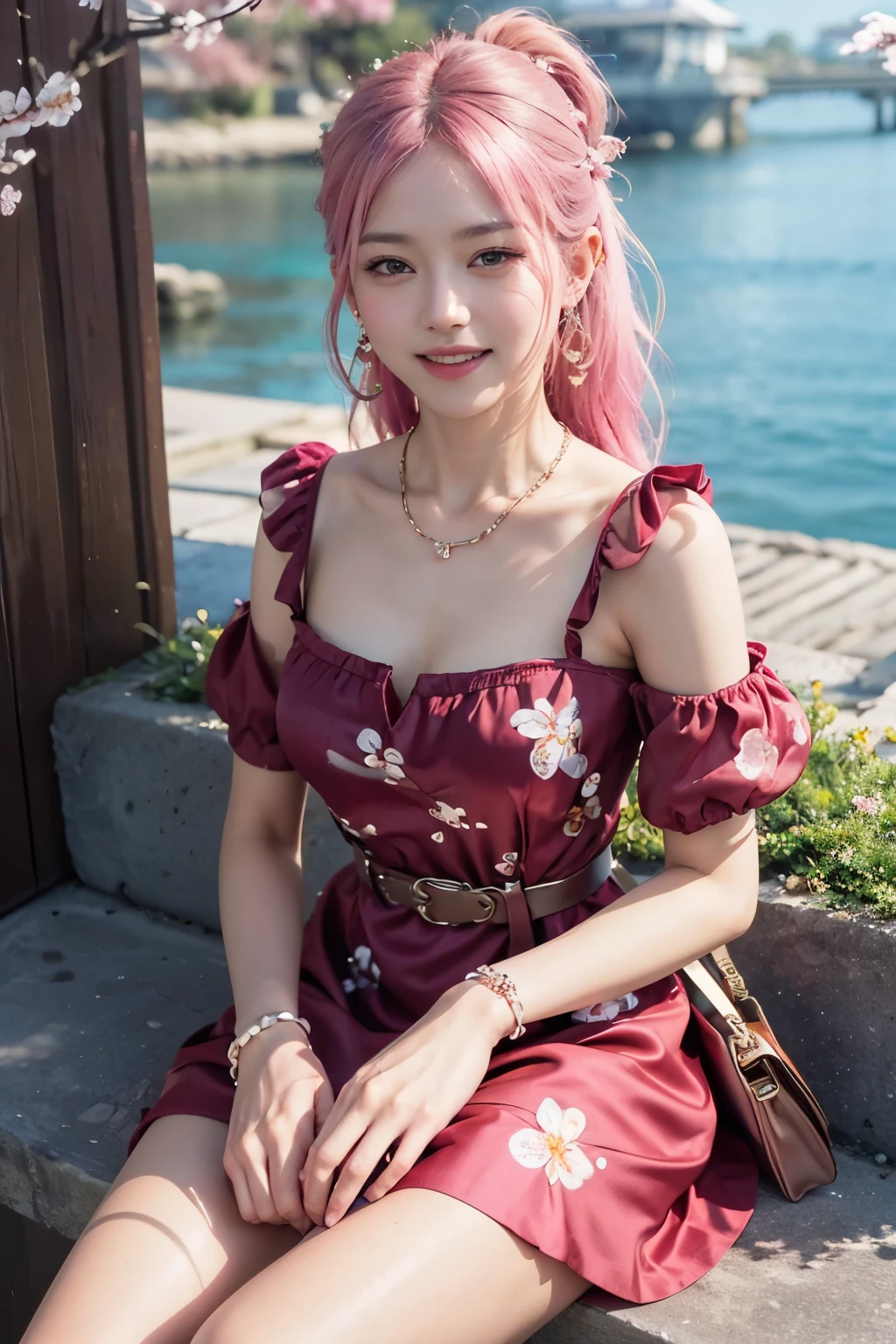 (8K, top-quality, masterpiece:1.2), (reallistic, Photorealsitic:1.37), Super Detail, One girl, (Highly detailed), (beautifully detailed eyes), (of the highest quality), (super detailed), (masterpiece), (Detailed face), 20yr old, 1 girl, ((pink hair,long hair)), medium breasts, clothed, Perfect Lighting, BREAK, ( red plum blossom dress:1.4), (silk fabric:1.3), no sleeves, high neck, fitted bodice, long flared skirt, belt at waist, A-line silhouette, elegant impression, frills and lace at hem, embroidery and beads at chest, no socks, (high-heeled pumps:1.2), (diamond necklace and earrings:1.2), (plum blossom hair accessory:1.2), BRAKE, (vertical shot from upper body to knees), (side ponytail with hair accessory), (smiling and looking at camera), (right hand lifting skirt hem, left hand pointing at chest embroidery), (Japanese-style scenery with cherry blossoms), (natural light brightening the subject)