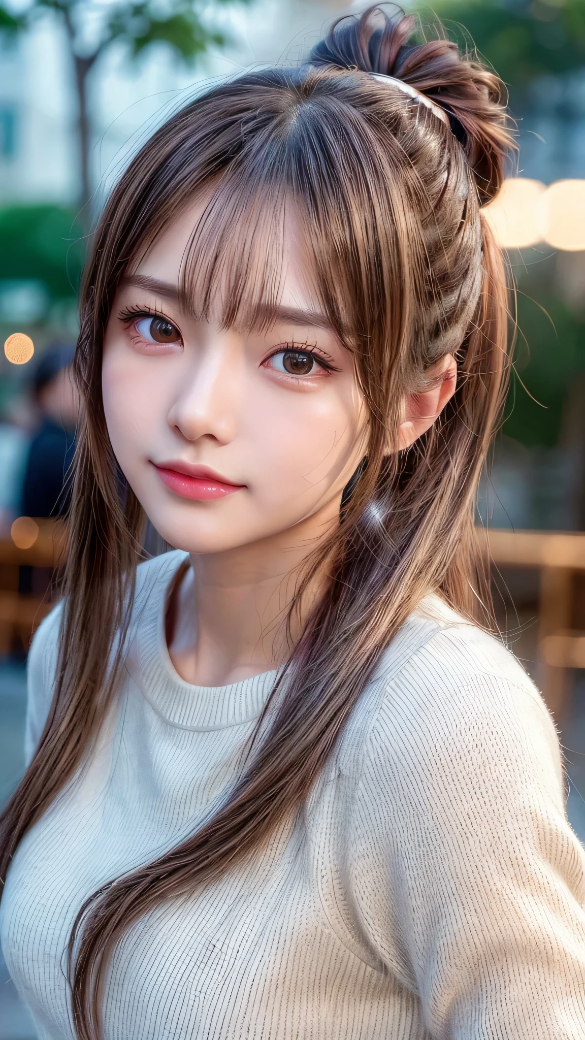 blush,14 years old,small breasts,winter,long hair ponytail,winter,wearing a white long-sleeved knit sweater,wearing jeans,enjoying the date,Japanese amusement park,close up of face,((8K, Raw photo, best quality, muste piece:1.2), (Reality, photorealistic:1.4), (Highly detailed 8K wallpaper), Depth of the bounds written, cinematic lighting, soft light, detailed beauty eye,Shiny and smooth light brown ponytail, asymmetrical bangs, shiny skin, super detailed skin ,high resolution, high detail, detailed hairstyle, detailed beauty face, hyper real, perfect limbs, perfect anatomy ,1 Japanese girl,famous japanese idol, perfect female body,shy smile,short eyelashes,double-edged eyelids,look straight here,Hair style is ponytail,