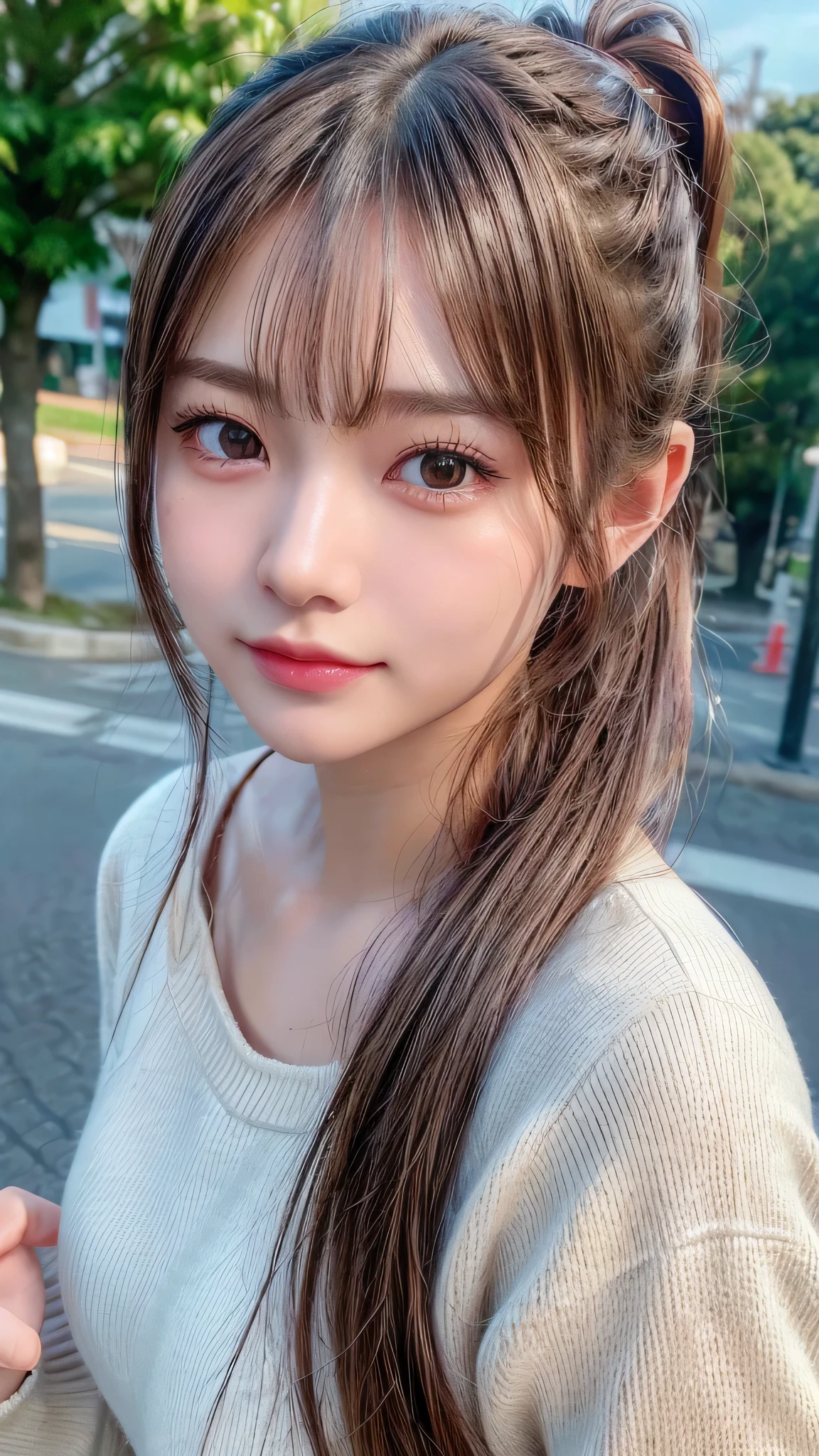 blush,14 years old,small breasts,winter,long hair ponytail,winter,wearing a white long-sleeved knit sweater,wearing jeans,enjoying the date,Japanese amusement park,close up of face,((8K, Raw photo, best quality, muste piece:1.2), (Reality, photorealistic:1.4), (Highly detailed 8K wallpaper), Depth of the bounds written, cinematic lighting, soft light, detailed beauty eye,Shiny and smooth light brown ponytail, asymmetrical bangs, shiny skin, super detailed skin ,high resolution, high detail, detailed hairstyle, detailed beauty face, hyper real, perfect limbs, perfect anatomy ,1 Japanese girl,famous japanese idol, perfect female body,shy smile,short eyelashes,double-edged eyelids,look straight here,Hair style is ponytail,