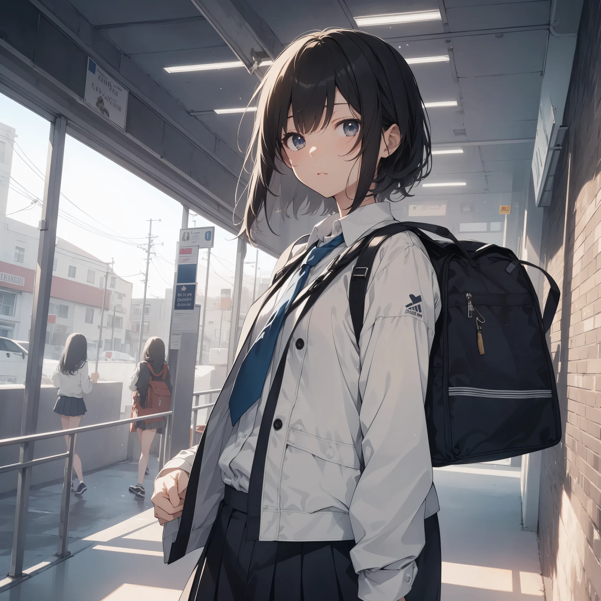 Ultra-highest quality by the art god, super detailed, High resolution, anime moe art style, Best Anime 8K Kona-chan Wallpaper, pixiv contest winner, perfect anatomy, break,(眠そうにalone学校へ行く女の子を描いてください. )break,1 girl, (alone,little woman, , :1.3),All limbs, full finger,, The charm of an immature body, (very short hair), bangs, flat chest, Small Bodysu ass, between legs, smablack eyes, detailed and beautiful eyes, Well-proportioned iris and pupils, expressive eyes, High resolutionの詳細な髪, ribbon, neck ribbon, skirt, collared shirt,  pleated skirt, school uniform, school bag,(detailed lighting), (detailed background), On the way to school. break,super dense skin, Best lighting by famous artists, 8k, cute illustration,Hmm, rough skin,Absurd Hi-Res 