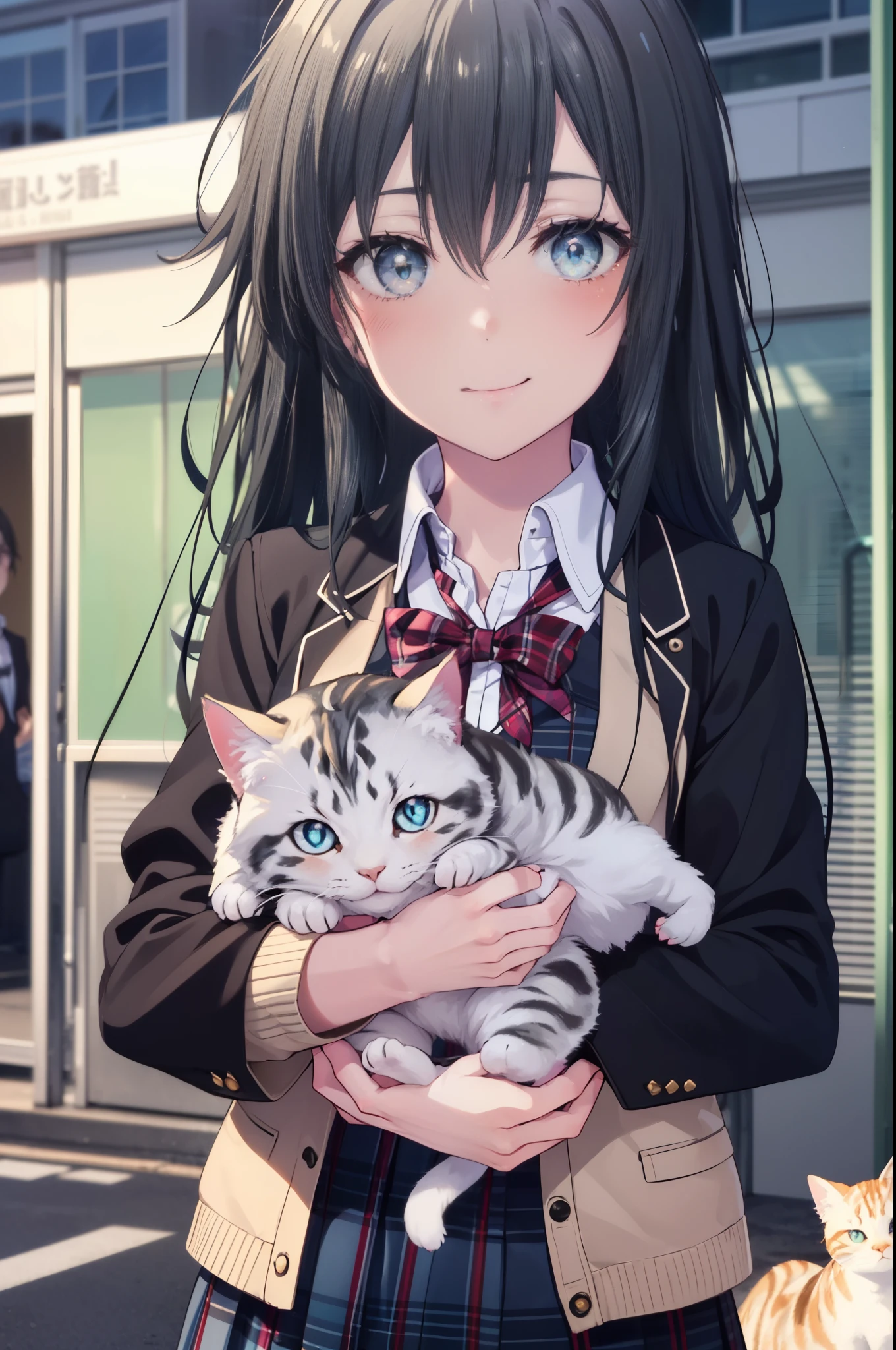 yukinoyukinoshita, yukino yukinoshita, 1woman and calico cat,black hair, blue eyes, long hair, Ahoge,blush,smile,幸せな雰囲気
break blazer, cardigan, Jacket, plaid, plaid skirt, school uniform, skirt, sobu high school uniform,Crouching down and holding a small kitten,
break outdoors, residential street,
break (masterpiece:1.2), highest quality, High resolution, unity 8k wallpaper, (shape:0.8), (fine and beautiful eyes:1.6), highly detailed face, perfect lighting, Very detailed CG, (perfect hands, perfect anatomy),