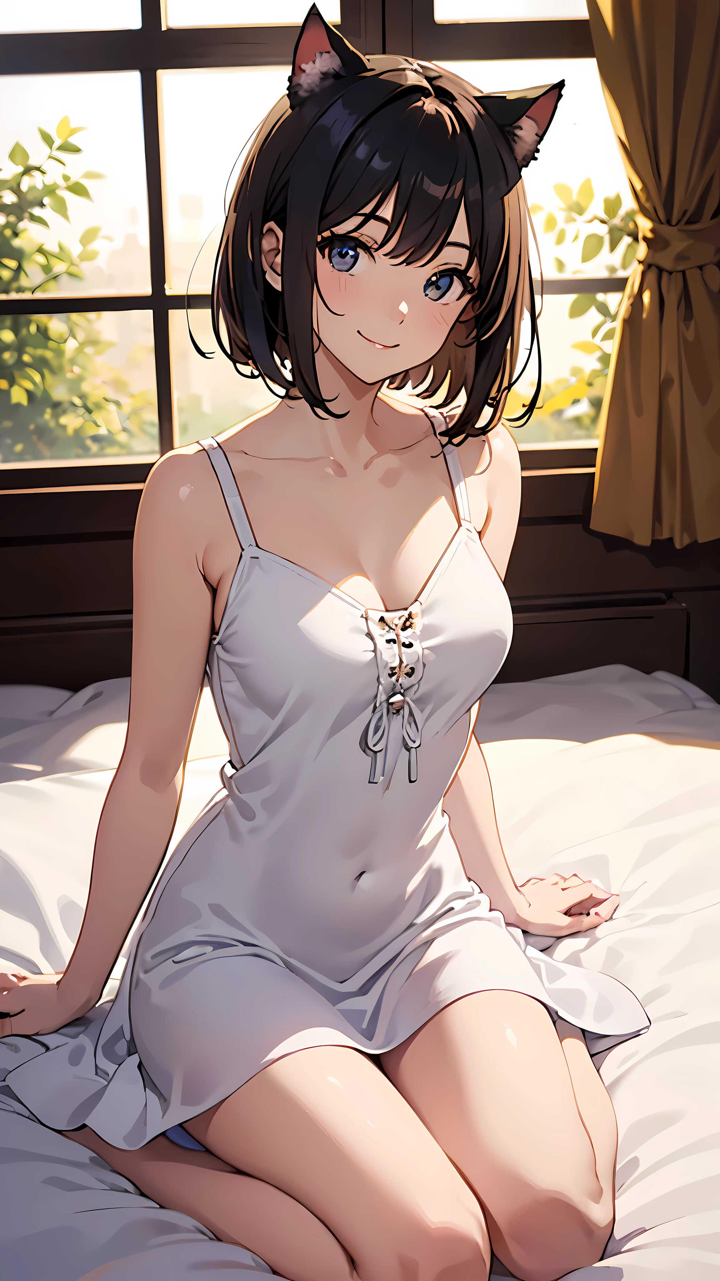 highest quality, detailed face, fine eyes, High resolution, 1 girl, middle chest, smile, simple dress, (attractive, puffy eyes:1.2), excellent anatomy, looking at the viewer, soft focus, golden hour lighting, Depth of the bounds written, happy expression, short cut hair, barefoot, Cat ear