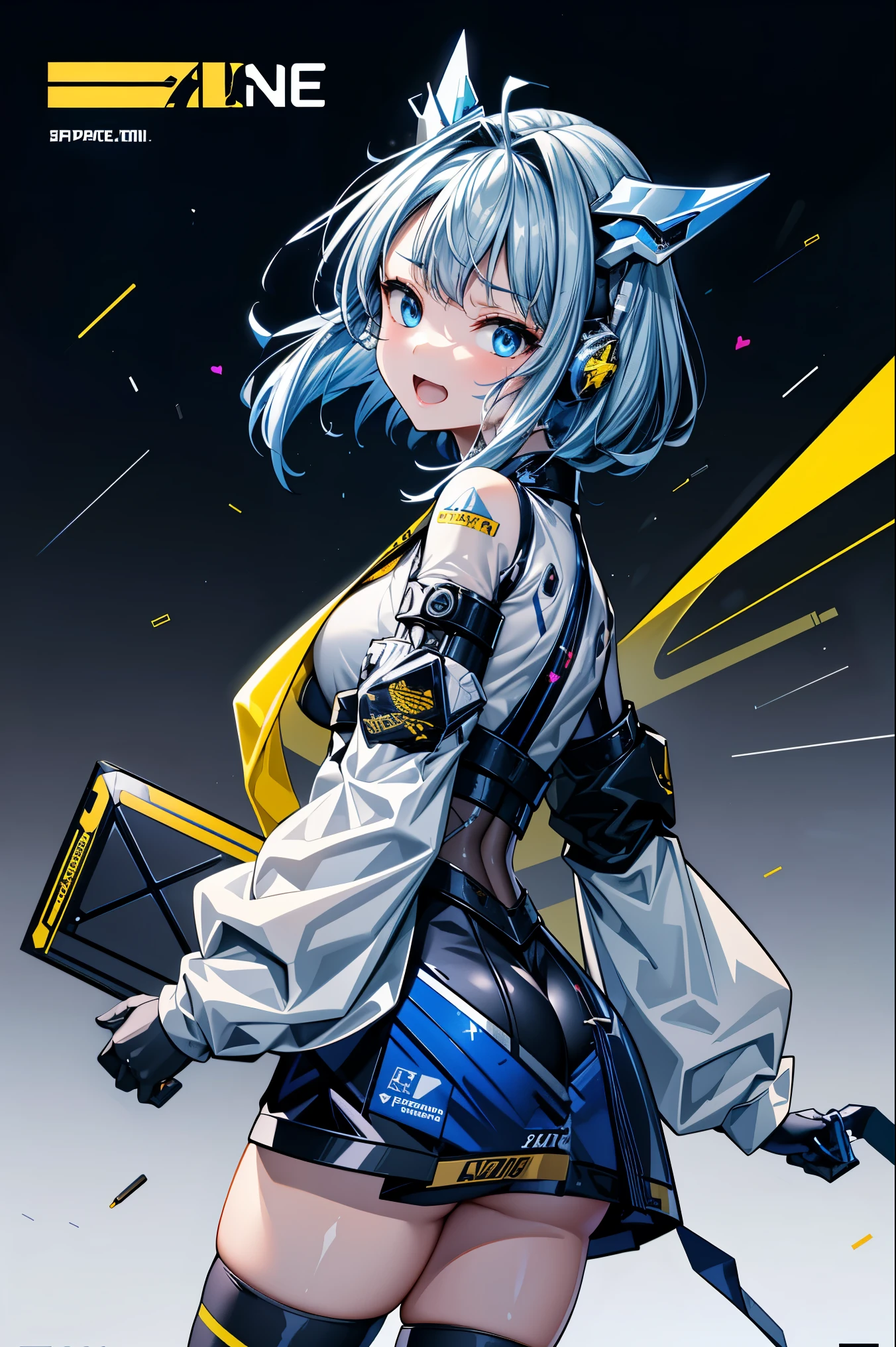 (cityscape:1.2), NSFW, (Face of love, I'm so happy:1.5), (mecha musume, cyborg girl), , stylish angle, stylish pose, (headphone, mechanical fuselage, mechanical clothing), looking at the viewer, bangs cut off, blue mini skirt, plastic corset, Beautiful light effect, glowing skin, (Furisode, removable long sleeves, very wide sleeve:1.2), (caution decal, corporate logotype:1.5), (small open mouth,