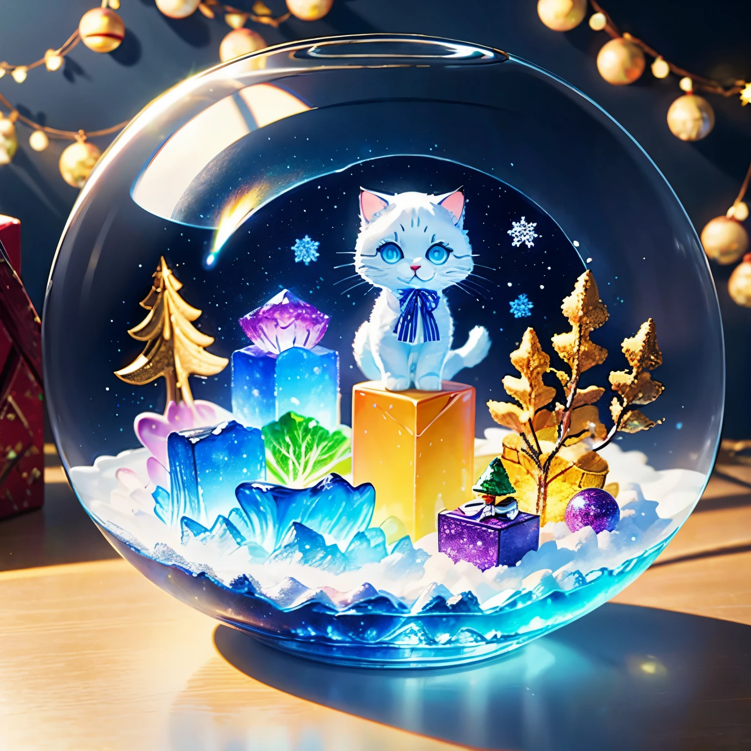 (La best quality,high resolution,super detailed,actual),*********** holding jelly cat，in the room，smiley face，Christmas decoration，surrounded by christmas gifts，A masterpiece with fantasy elements）））， （（best quality））， （（intricate details））（8k）