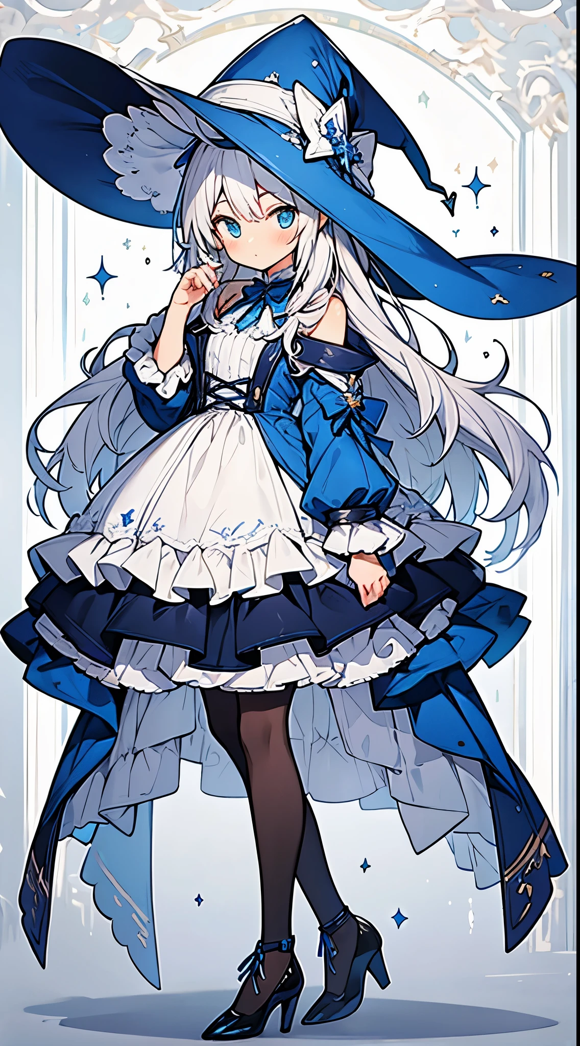 1boy,solo,Beautiful boy cross-dressing,cute face,
boy dressed as cute girl,boy cuter than girl,
silver long hair,blue eyes,blue ribbon,witch-boy,
blue high heels,frilly hat,pattern print tights,
witch bag,frilly white coat,frilly clothes,