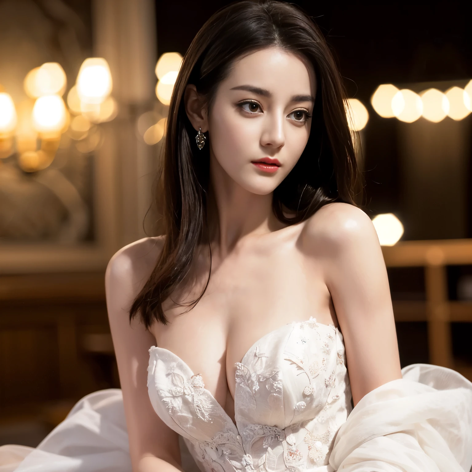 ((top quality、8k、​Masterpiece:1.3))、Extremely delicate and beautiful girl，full-body shot，huge breasts，bigger breasts，amazing breast size，H cup，Gorgeous strapless gown。Wear big earrings，Very white skin，moist red lips，Waist is very thin，Thighs are very thin，Big hips，Reveal a little，White and smooth skin，Smooth and fair skin，flawless skin，Fair and shiny skin，cold white skin，The camera focuses on the chest，bright light