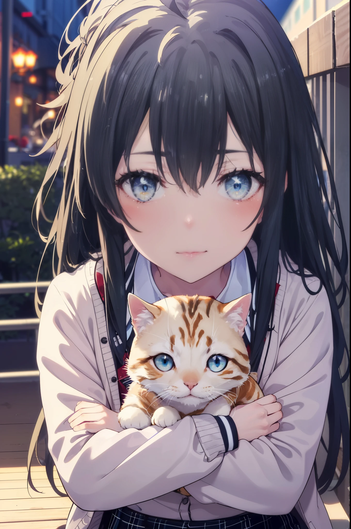yukinoyukinoshita, yukino yukinoshita, 1woman and calico cat,black hair, blue eyes, long hair, Ahoge,blush,smile,幸せな雰囲気
break blazer, cardigan, Jacket, plaid, plaid skirt, school uniform, skirt, sobu high school uniform,Crouching down and holding a small kitten,
break outdoors, residential street,
break (masterpiece:1.2), highest quality, High resolution, unity 8k wallpaper, (shape:0.8), (fine and beautiful eyes:1.6), highly detailed face, perfect lighting, Very detailed CG, (perfect hands, perfect anatomy),