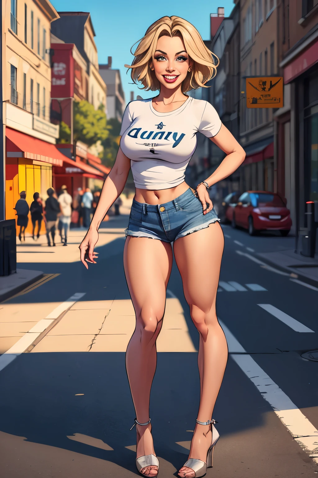 (cartoon style:1.2),  drawing ([Kylie Minogue]), beautiful woman 40 years old, Big smile, Perfect eyes, detailed face, party background, cheerful pose, flirty look, big hips,Short blond hair,short denim shorts,dark t-shirt,whole body,in heels,I&#39;m standing on the street
