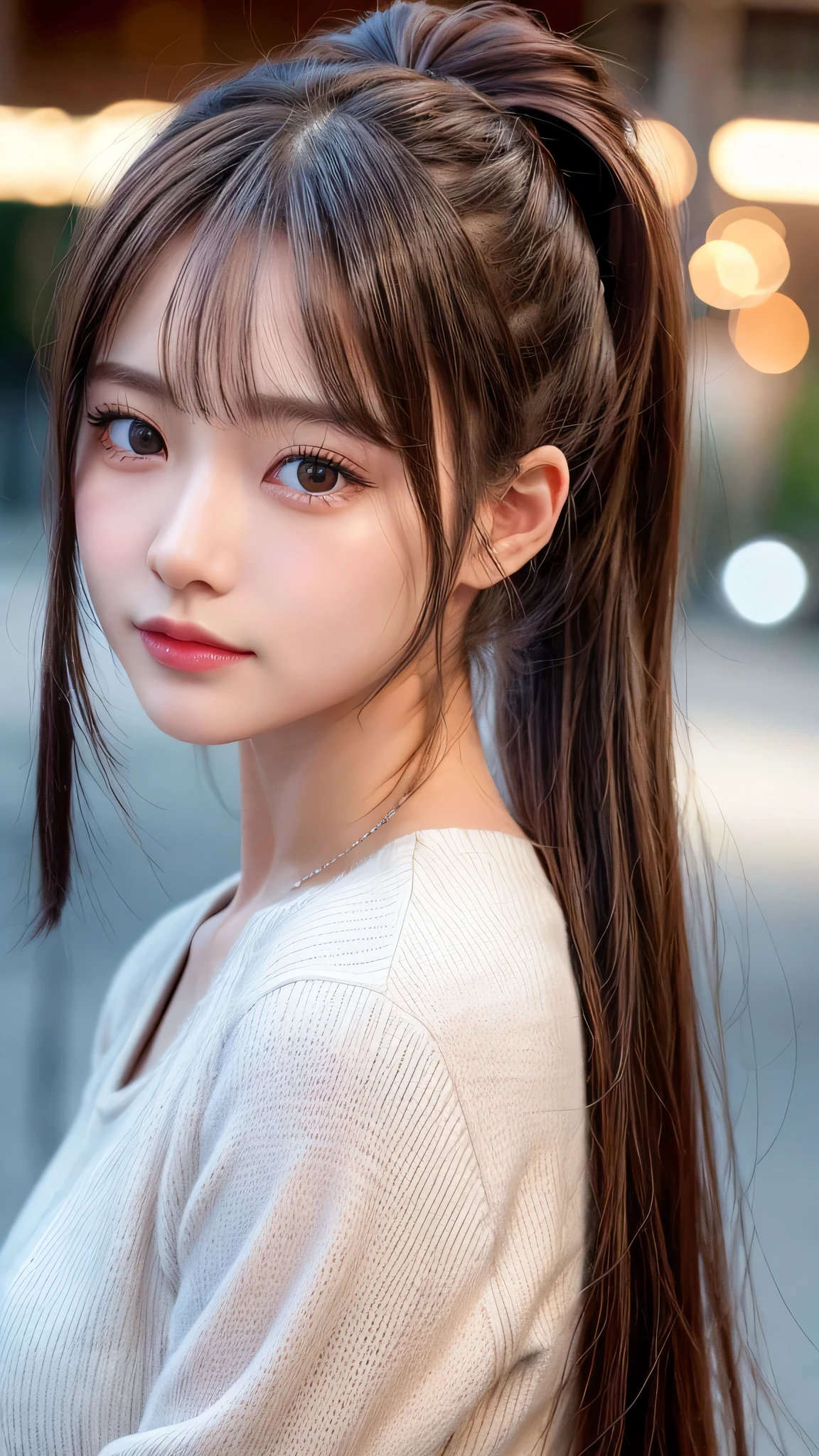 blush,14 years old,small breasts,winter,long hair ponytail,winter,wearing a white long-sleeved knit sweater,wearing jeans,enjoying the date,Japanese amusement park,close up of face,((8K, Raw photo, best quality, muste piece:1.2), (Reality, photorealistic:1.4), (Highly detailed 8K wallpaper), Depth of the bounds written, cinematic lighting, soft light, detailed beauty eye,Shiny and smooth light brown ponytail, asymmetrical bangs, shiny skin, super detailed skin ,high resolution, high detail, detailed hairstyle, detailed beauty face, hyper real, perfect limbs, perfect anatomy ,1 Japanese girl,famous japanese idol, perfect female body,shy smile,short eyelashes,double-edged eyelids,look straight here,Hair style is ponytail,