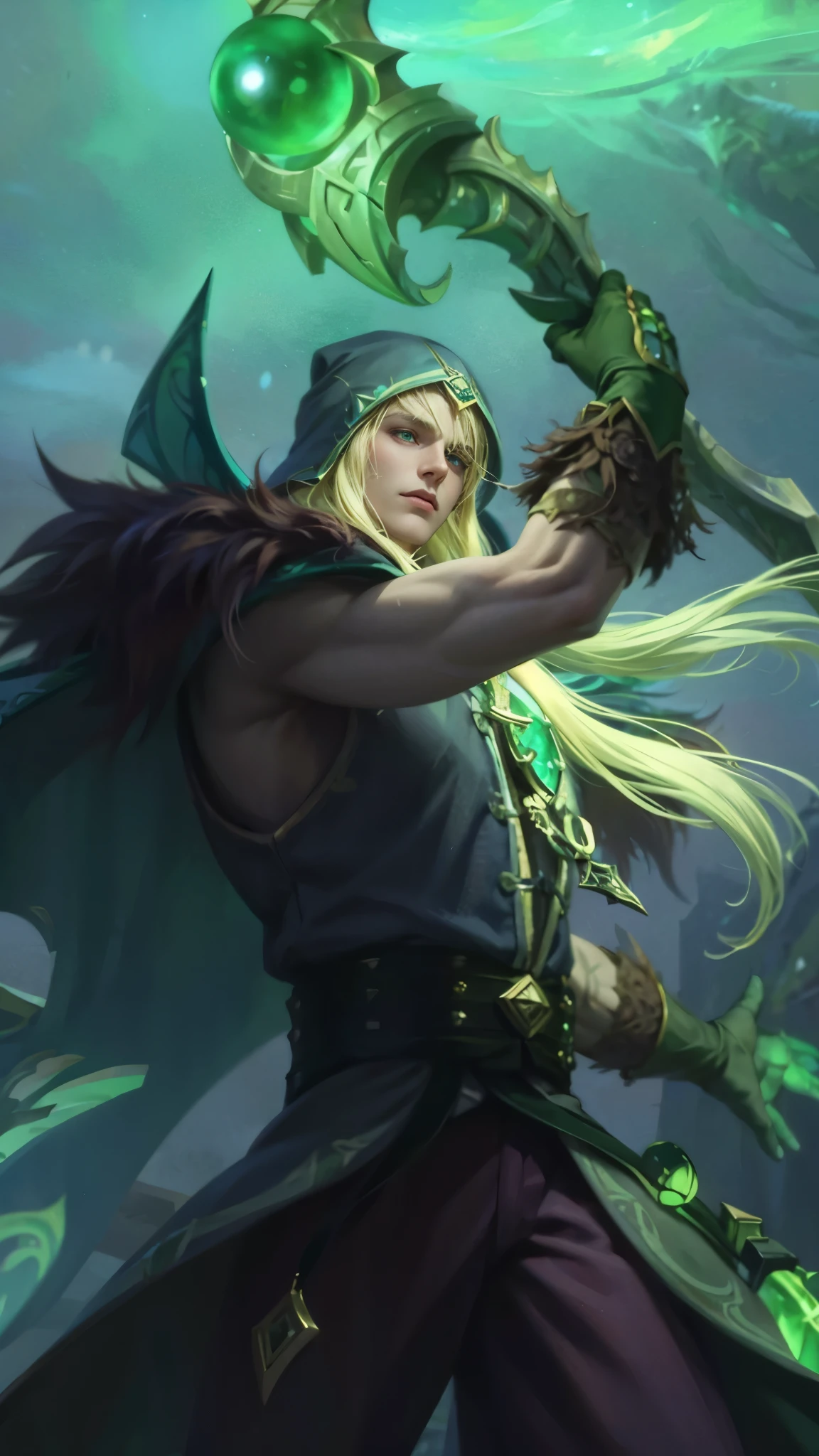Best quality, masterpiece, detailed skin texture, detailed clothes texture, detailed face, super detail, 8k, intricate detail, 1 boy, The color doesn't change, Muscle guy, 1 guy, green eyes, a close up of a person holding a sword in a field, a blonde emerald warrior, portrait of fin wildcloak, stanley artgerm lau, male blonde elf ranger, amazing portrait of viego, of an elden ring elf, astri lohne, by Yang J, a portrait of a male elf, inspired by Huang Shen, druid, a male elf.