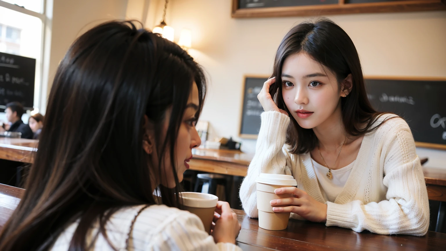 ((highest quality)), ((masterpiece)), (be familiar with), perfect face,Cafe,Female college student,study,coffee shop,PC