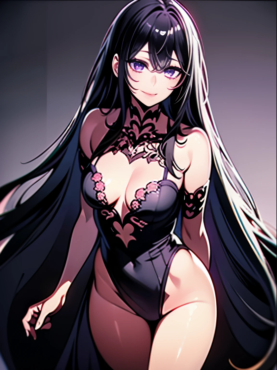 standing, smiling face, standing, 40k, photography, masterpiece, best quality, (juder), medium breasts, (naked), varied poseasterpiece)), ((ultra-detailed)), ((best quality)), ((intricate details)), ((chromatic aberration)), 1girl, long hair, disheveled hair, shy, makeup, black eyeliner, looking at viewer, black hair ,yellow eyes, dress, purple eyes, light smile,black shoes