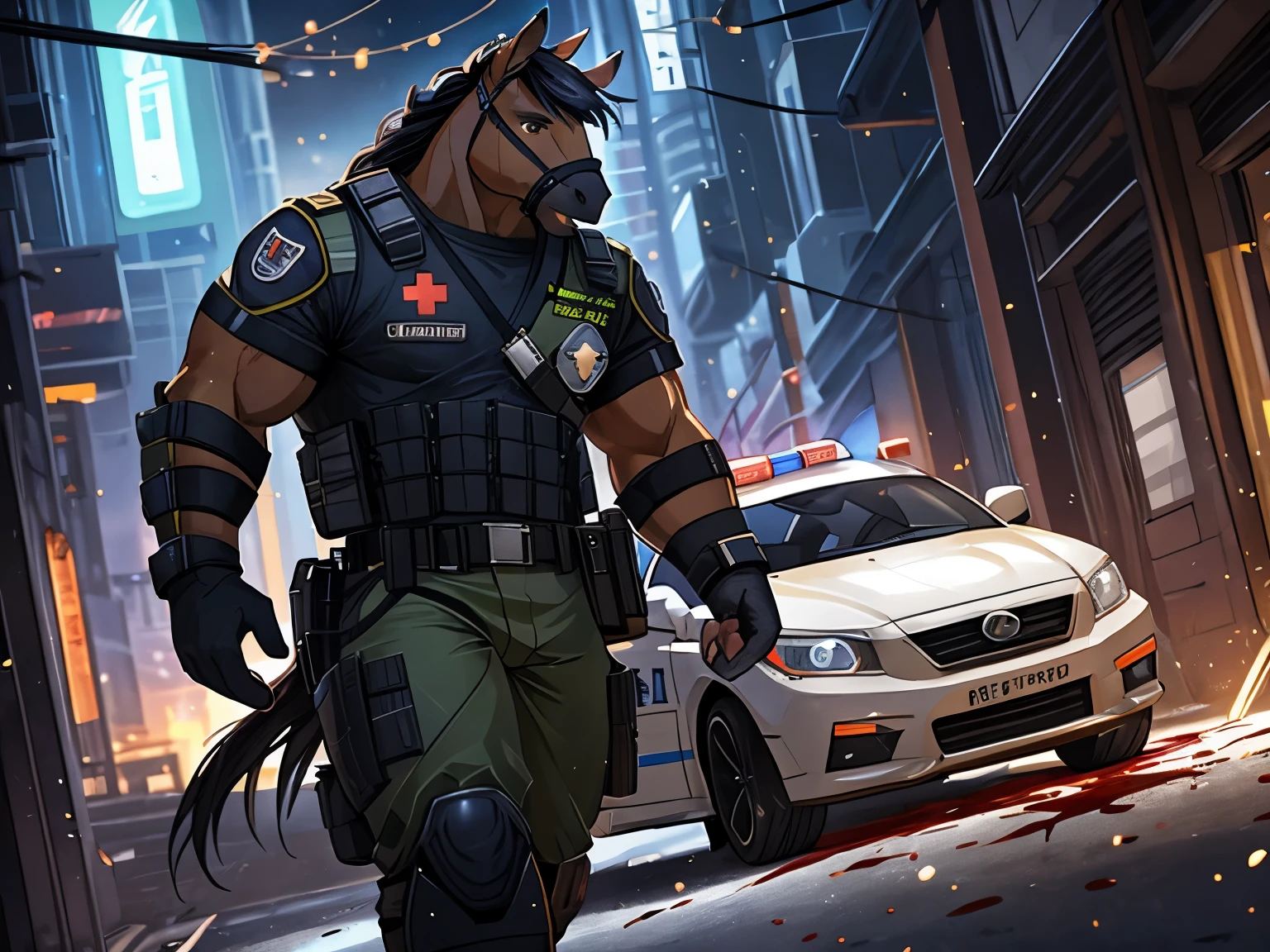 solo, one character in frame, (horse), (brown body) anthro, male, anthro equine, muscles, handsome, outside, full body picture of an anthro equine in modern tactical gear and trauma team insignia, cyberpunk, trauma team, cyberpunk truma team, tactical medic, full body armor suit, heavy body armor, green and white armor, medical gloves, blood on the ground, accident scene, futuristic ambulance, weapons, epic, depth of field, perfect lighting, (light particles),(best quality),(masterpiece),(ultra detailed),sharp focus,light particles, detailed eyes, furry,