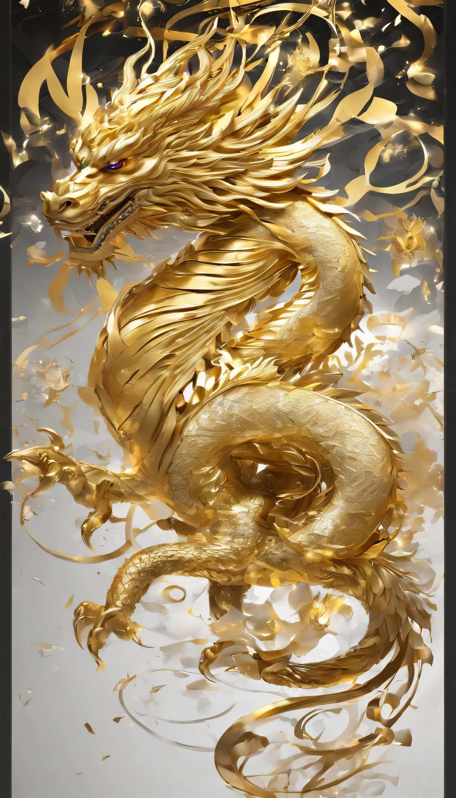 masterpiece、(gold background:1)、golden chinese dragon、focus on the eyes、just the face、fantasy、myth、highest quality、very detailed、masterpiece、Narrative poem、particle effects、dynamic effects、It was sparkling、Something shiny and golden is floating in the air