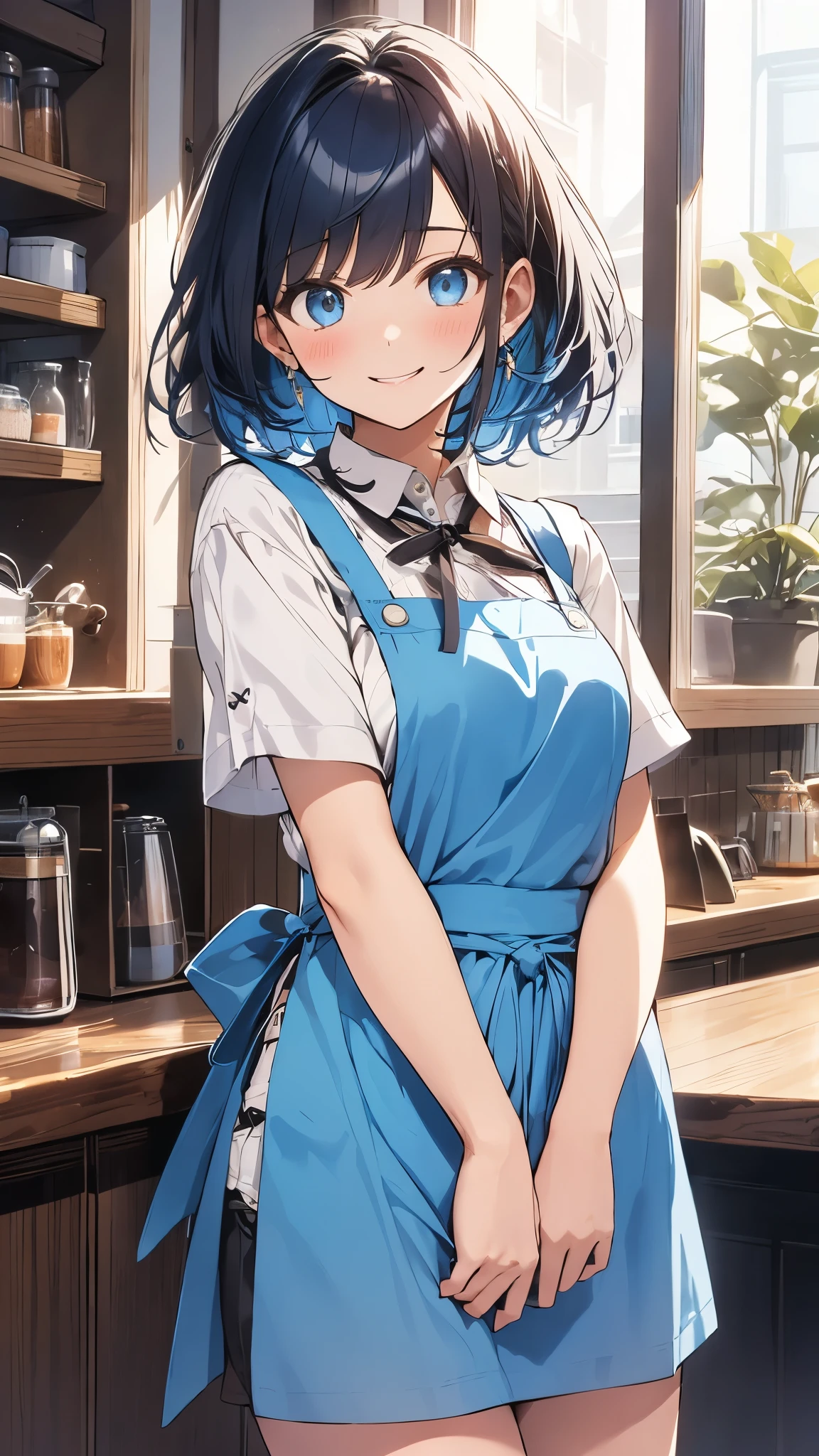 1 girl、Dark blue hair、blue eyes、smile、Slender body、From the side、White blouse、Blue mini skirt、Apron appearance、((indoor、morning、Cafe))