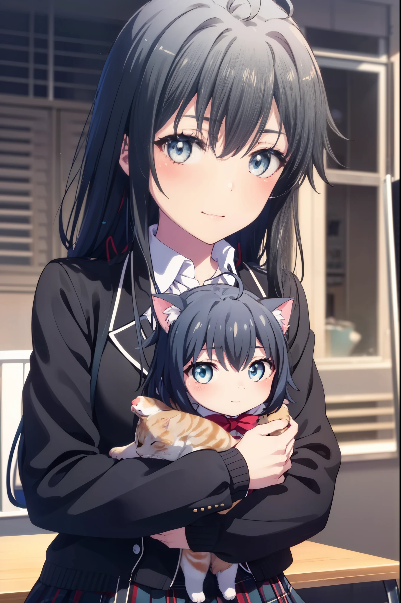yukinoyukinoshita, yukino yukinoshita, １woman and calico cat,black hair, blue eyes, long hair, Ahoge,blush,smile,幸せな雰囲気
break blazer, cardigan, Jacket, plaid, plaid skirt, school uniform, skirt, sobu high school uniform,Crouching down and holding a small kitten,
break outdoors, residential street,
break (masterpiece:1.2), highest quality, High resolution, unity 8k wallpaper, (shape:0.8), (fine and beautiful eyes:1.6), highly detailed face, perfect lighting, Very detailed CG, (perfect hands, perfect anatomy),