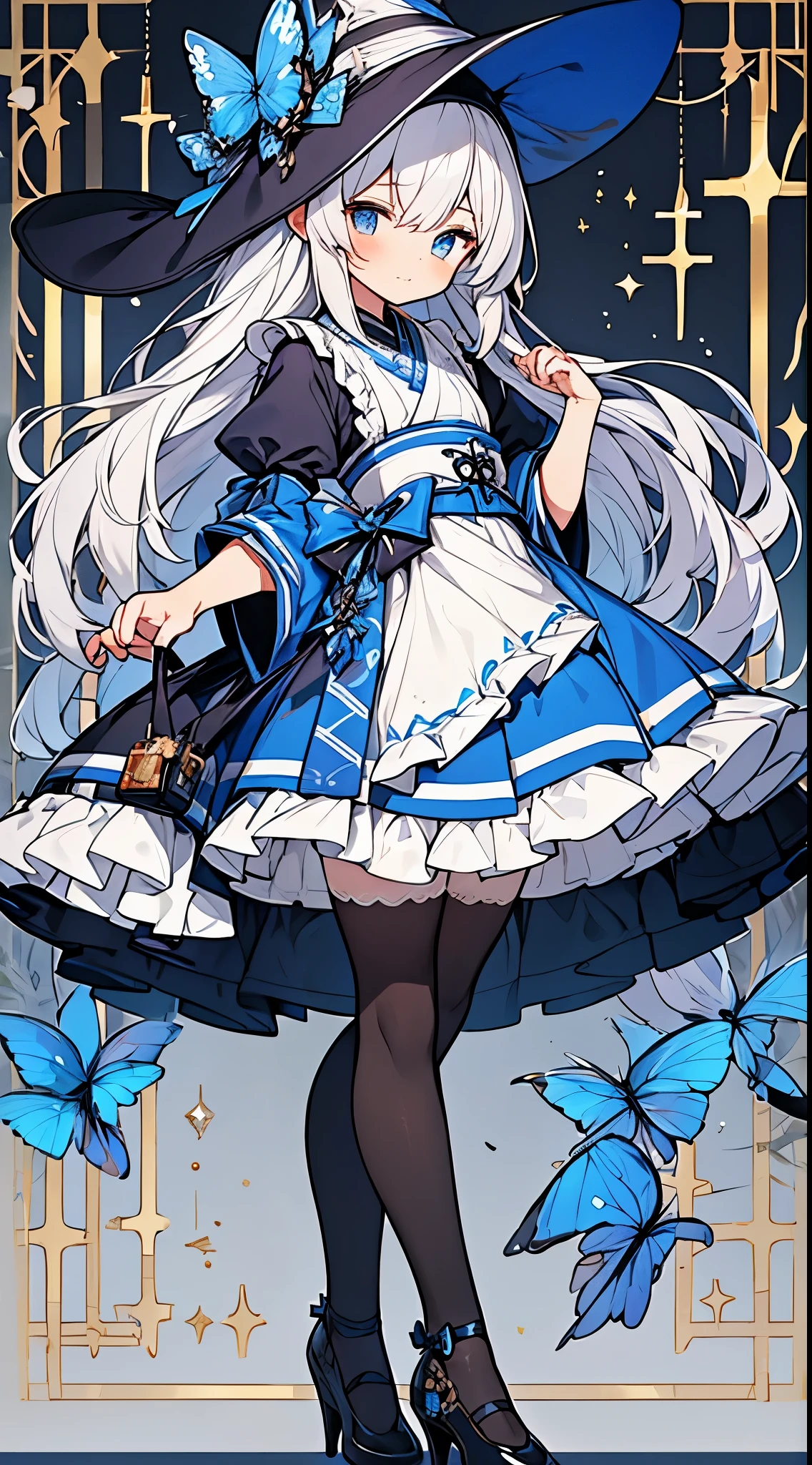 1boy,solo,Beautiful boy cross-dressing,cute face,
boy dressed as cute girl,boy cuter than girl,
silver long hair,blue eyes,blue ribbon,witch-boy,
blue high heels,frilly hat,pattern print tights,
gothic ta kimono,witch kimono dress,