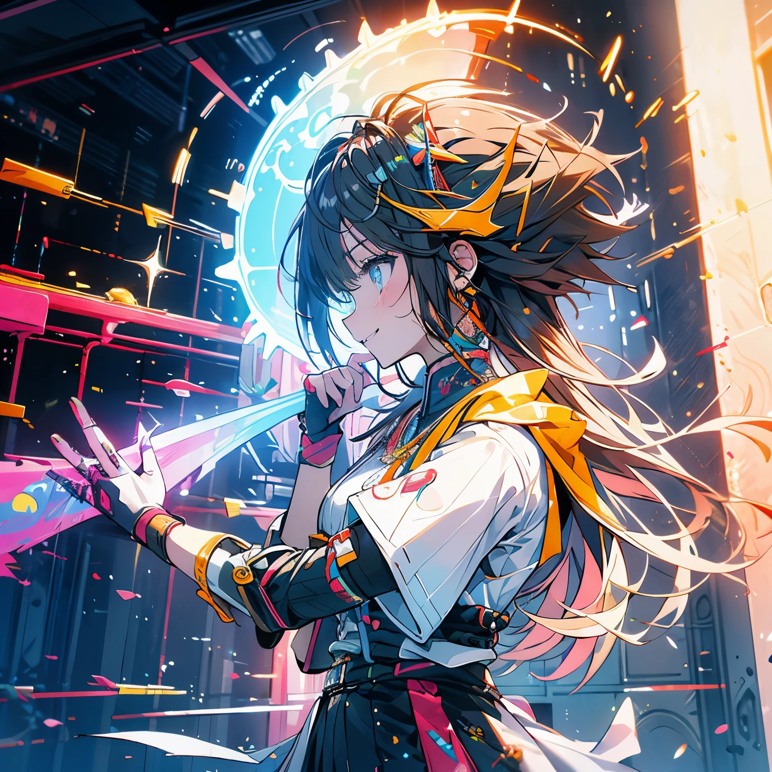 highest quality、masterpiece、anime girl、yellow hair、smile、Upper body、Landscape、profile、(((Touch the wall with your hands)))