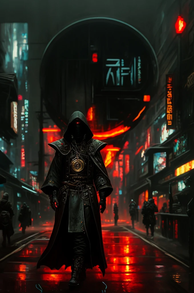 a painting of a man in a hooded cloak walking down a street, cyberpunk dark fantasy art, cyberpunk samurai, dan mumford tom bagshaw, fantasy cyberpunk, cyberpunk horror style, cyberpunk street, cyberpunk themed art, fantasy cyberpunk horror, cyberpunk dark fantasy, cyberpunk art style, anime cyberpunk art, scifi cyberpunk, occult cyberpunk, cyberpunk art, cyberpunk darksynth, cyberpunk atmosphere