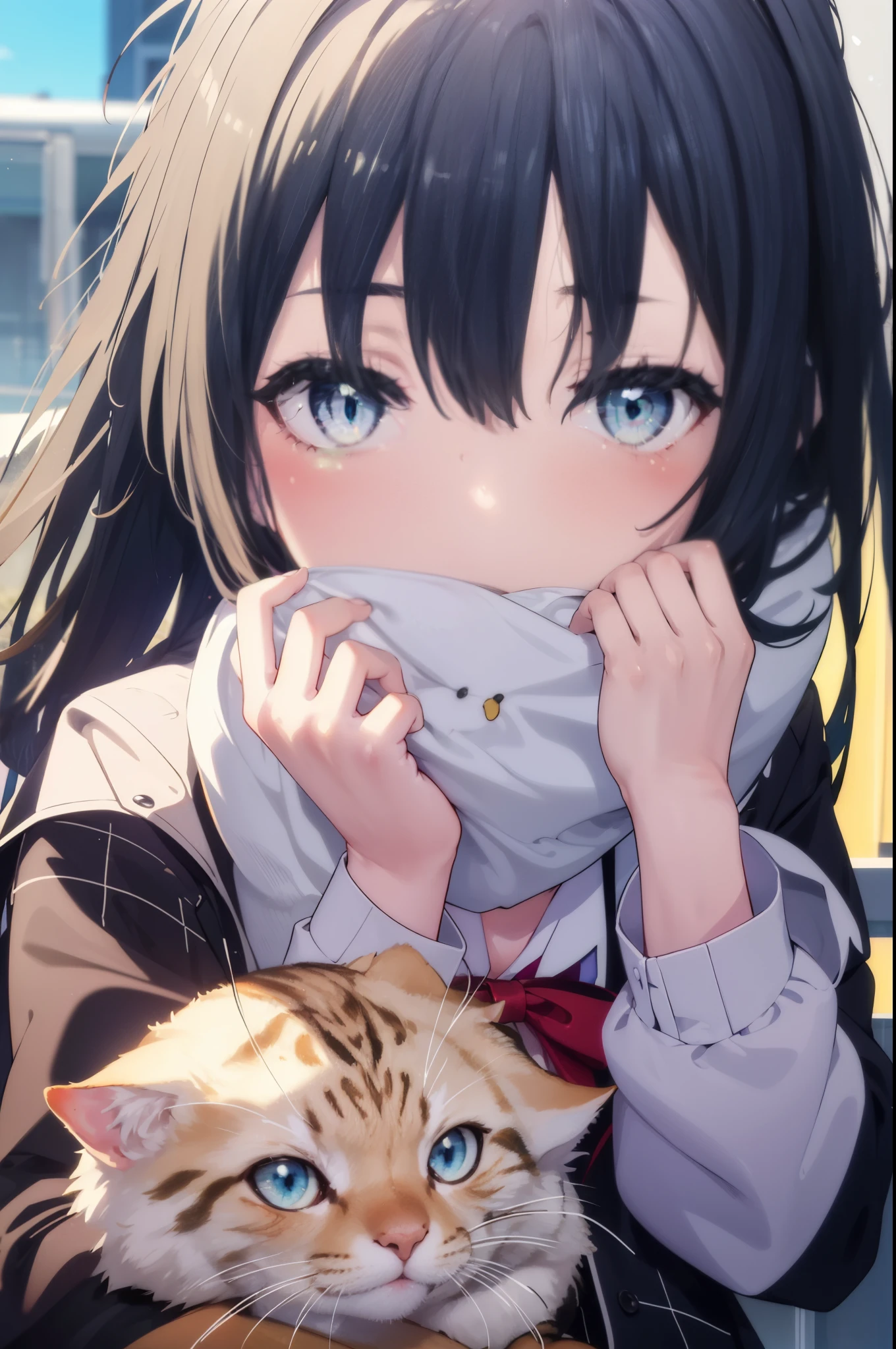 yukinoyukinoshita, yukino yukinoshita, 1woman and calico cat,black hair, blue eyes, long hair, Ahoge,blush,smile,幸せな雰囲気
break blazer, cardigan, Jacket, plaid, plaid skirt, school uniform, skirt, sobu high school uniform,Crouching down and holding a small kitten,
break outdoors, residential street,
break (masterpiece:1.2), highest quality, High resolution, unity 8k wallpaper, (shape:0.8), (fine and beautiful eyes:1.6), highly detailed face, perfect lighting, Very detailed CG, (perfect hands, perfect anatomy),