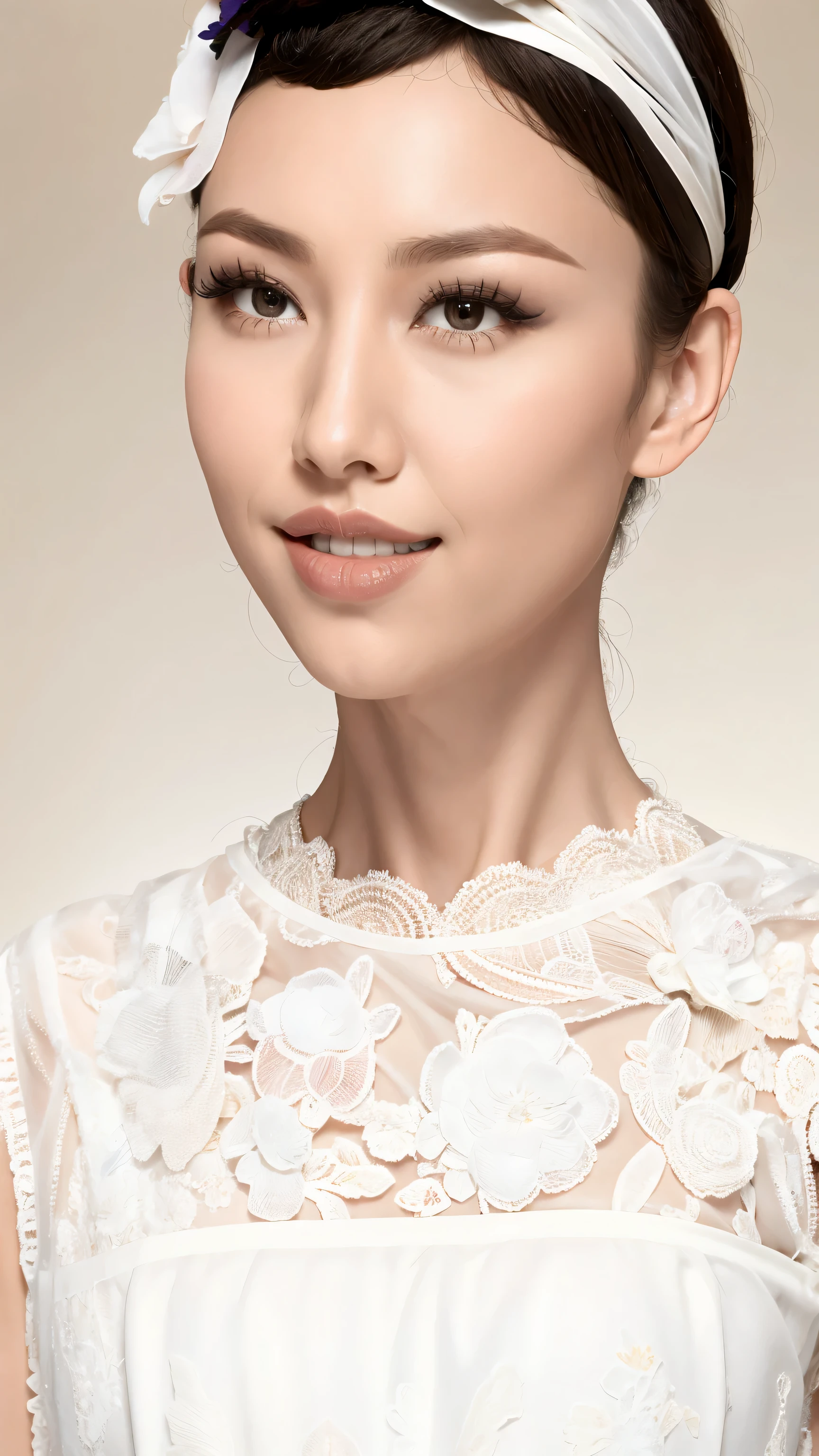 fashion model 20 years old [[[[close up]]]], [[[[neck]]]], [[[[Shoulder]]]], perfect eyes, perfect iris，perfect lips，perfect teeth，Perfect skin，White skin，Soft headlight，High Density Imaging Review，Face slimming type，slender nose，long black hair，（Face is clear and delicate），((white lace underwear))，((Sexy))，The background is the bedroom，big bed，best quality，masterpiece，（pastel colors：1.2）