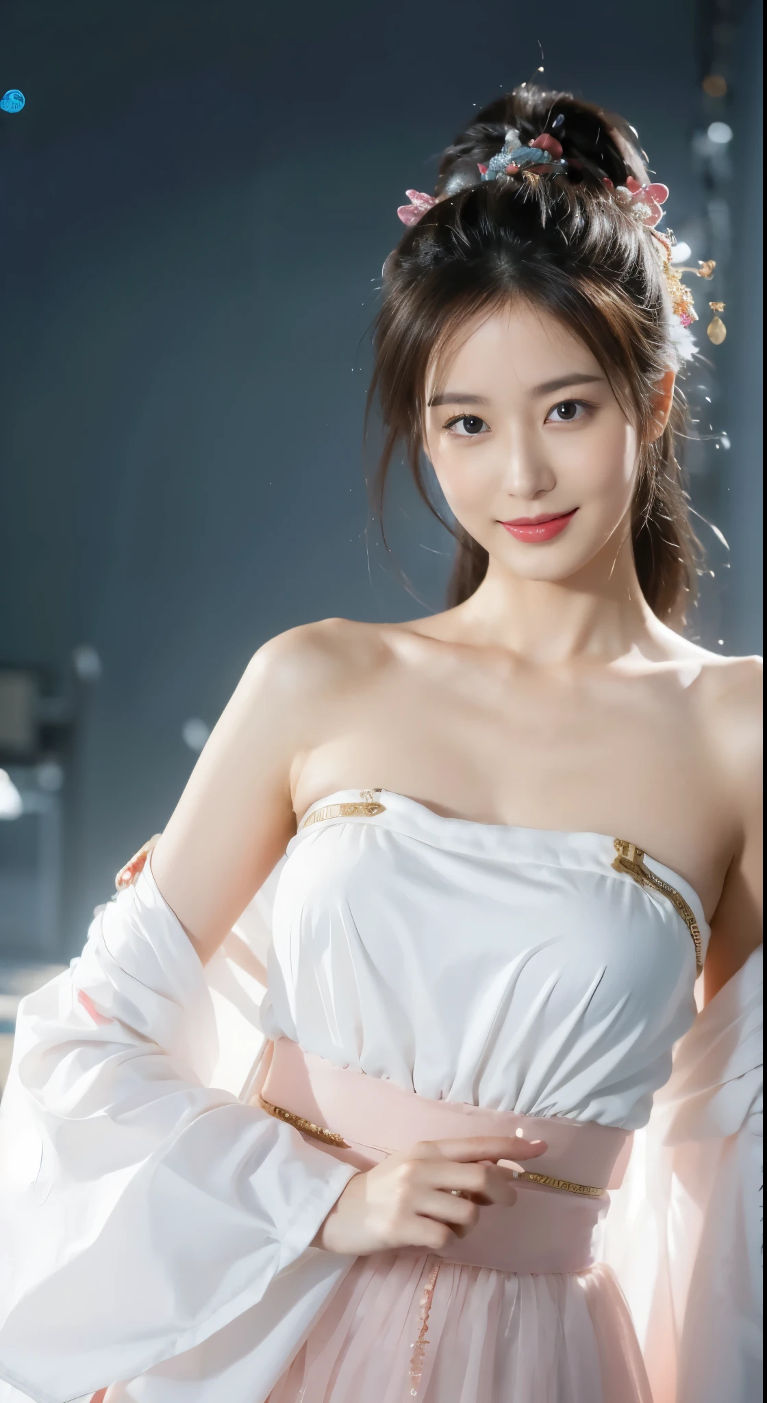 ((Masterpiece, Top image quality, high resolution、alone、skin shiny))(on the table, best quality, actual, super detailed, meticulous, high resolution, 8k wallpaper), Close-up portrait of a beautiful woman, like, smiling, light brown messy hair, Perfect dynamic composition, 美丽meticulous的眼睛, Just like the cover of a fashion magazine, on campus,wearing gold glasses