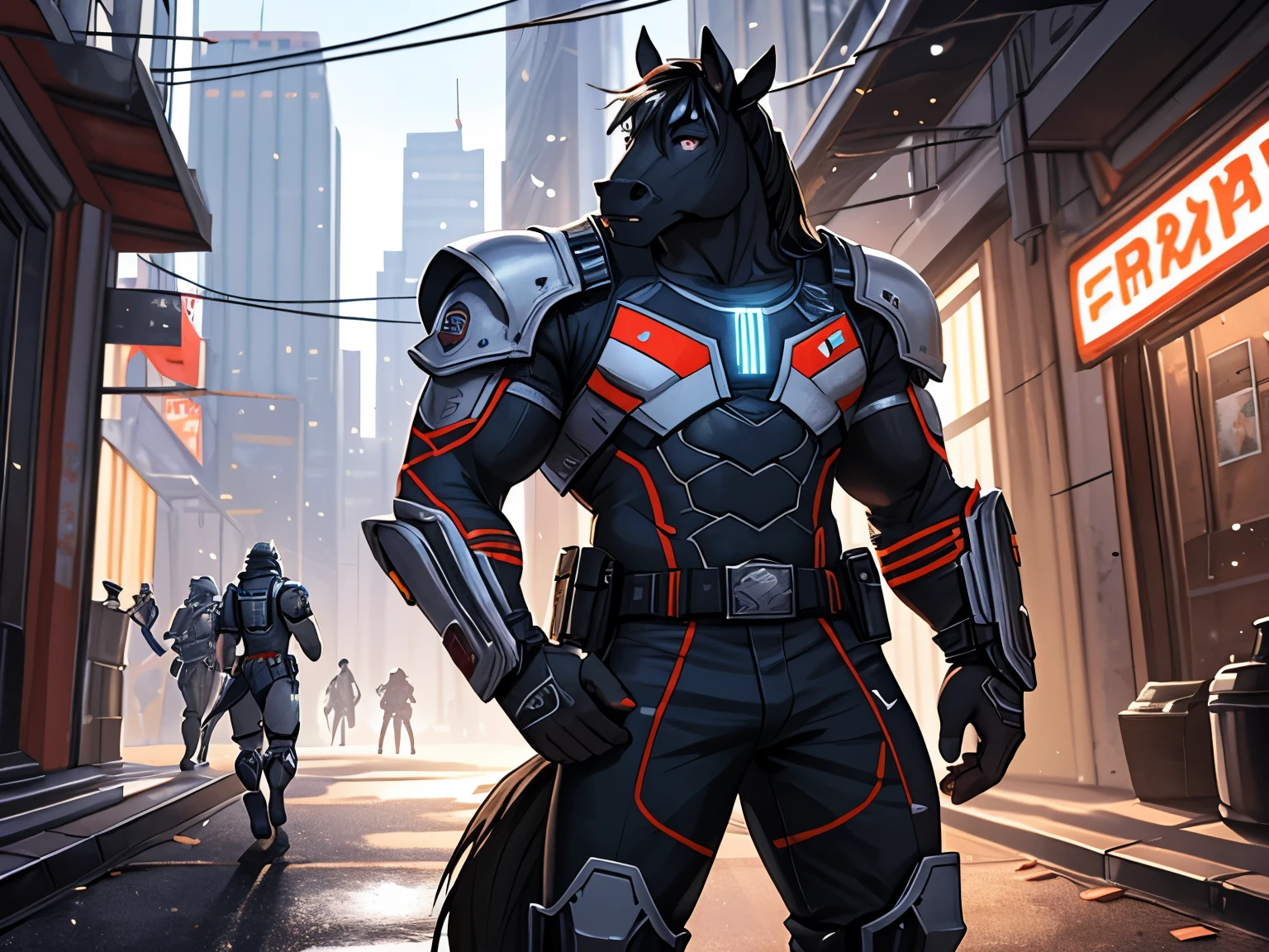 solo, one character in frame, (horse), (brown body) anthro, male, anthro equine, muscles, handsome, outside, full body picture of an anthro equine in futuristic cyberpunk combat suit standing amidst the accident scene as a tactical medic, cyberpunk 2077, cyberpunk, trauma team, traumateam, futuristic armor suit, white and green armor, epic, depth of field, perfect lighting, (light particles),(best quality),(masterpiece),(ultra detailed),sharp focus,light particles, detailed eyes, furry,