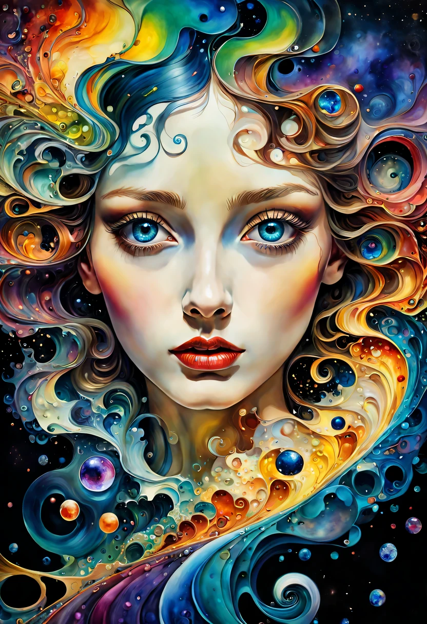 一个美丽的年轻女子的彩色painting., mysterious waves at night. 3d. rainbow colors. The melting beauty of the universe. Surrealism in reflections of nebula fragments. painting. Alcohol ink. Works by Gustav Klimt, Escher, Jean-Baptiste Monge, Alberto Seveso. high contrast. Super detailed. complicated. open eyes.