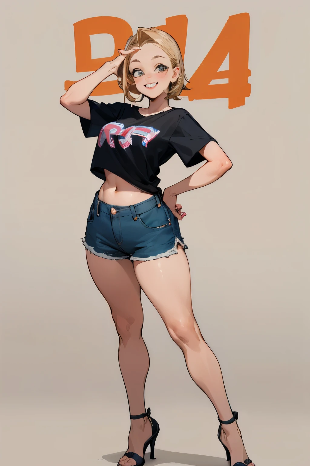 (cartoon style:1.2),  drawing ([Kylie Minogue]), beautiful woman 40 years old, Big smile, Perfect eyes, detailed face, party background, cheerful pose, flirty look, big hips,Short blond hair,short denim shorts,dark t-shirt,whole body,in heels,I&#39;m standing on the street