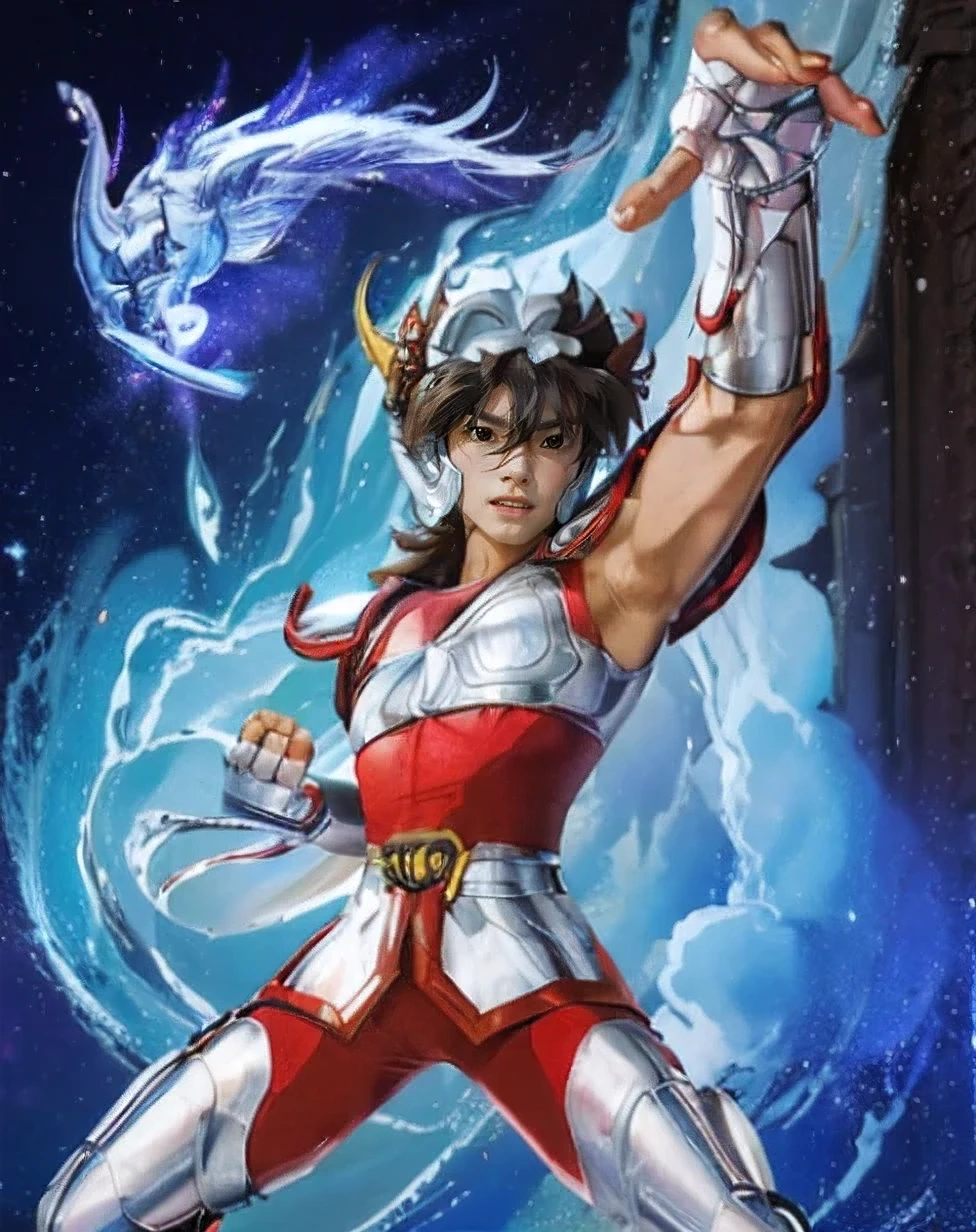 RAW- photos, masterpiece :1.2, realisticlying, photograph realistic : 1.4, handsome man as seiya making pose as saint pegasus, 8K, best quality, best quality, highres, highres, highres, super detail, best quality, anatomically correct, UHD