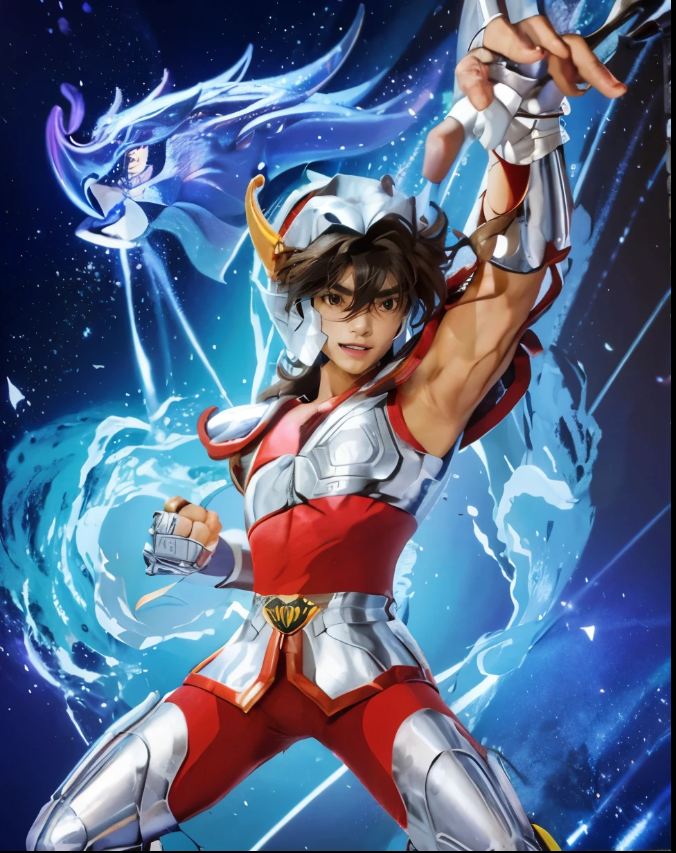 RAW- photos, masterpiece :1.2, realisticlying, photograph realistic : 1.4, handsome man as seiya making pose as saint pegasus, 8K, best quality, best quality, highres, highres, highres, super detail, best quality, anatomically correct, UHD