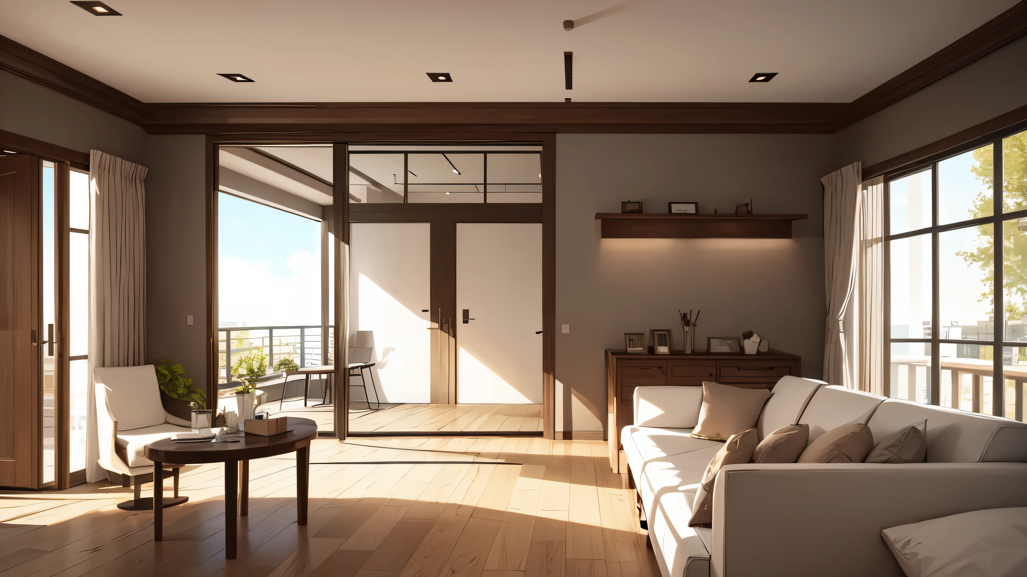 you are a famous interior designer、I was asked to create a 3D image of a large modern room.。. Create a harmonious environment with modern and minimalist furniture. Including garden interior.