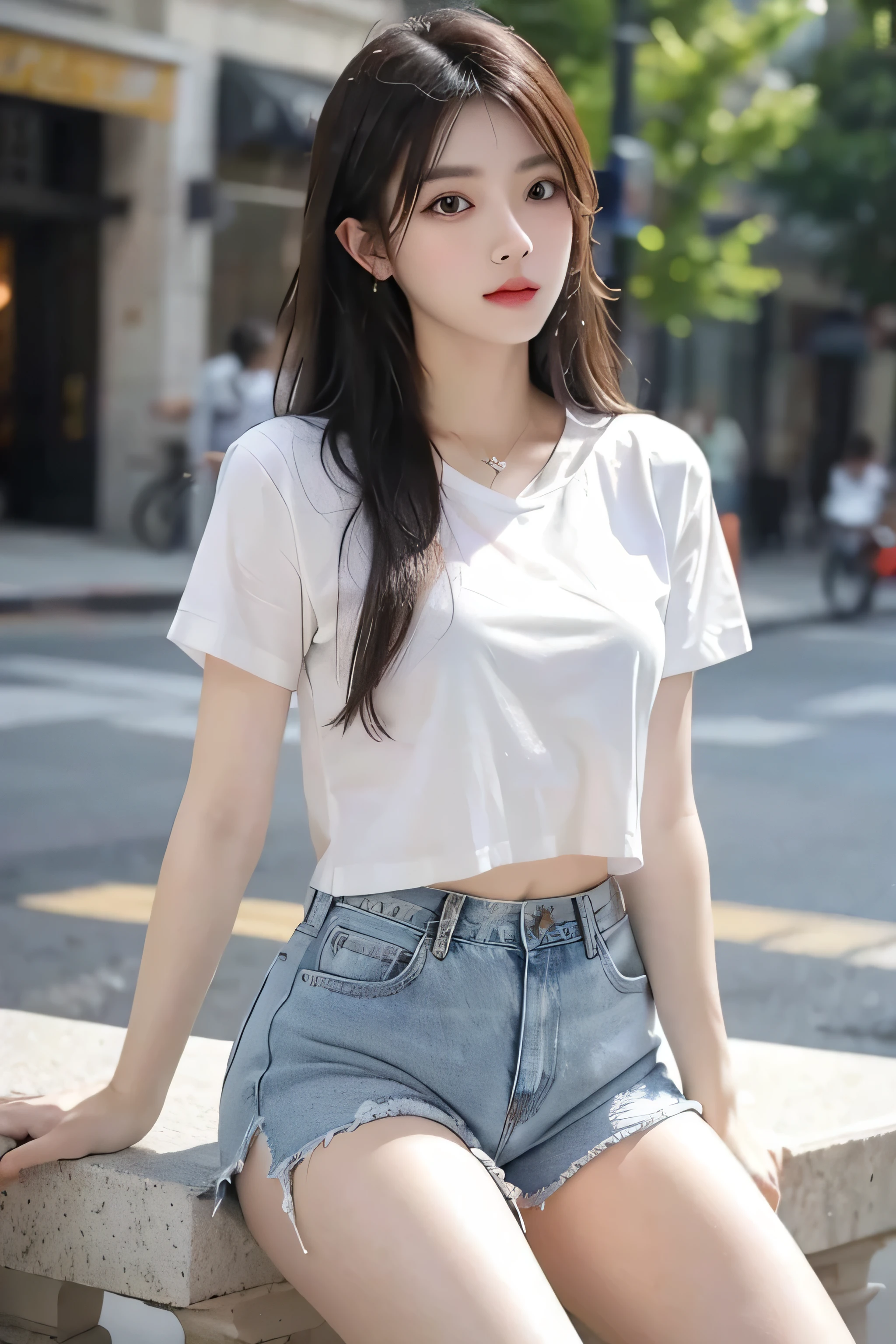 best quality, masterpiece, ultra high resolution, (actual: 1.4), original photo, (Evening Street), 1 girl, black eyes, looking at the audience, long hair, Light makeup, lips, Small ears, White T-shirt, Denim shorts, earrings, ride a ferrari, , Slim