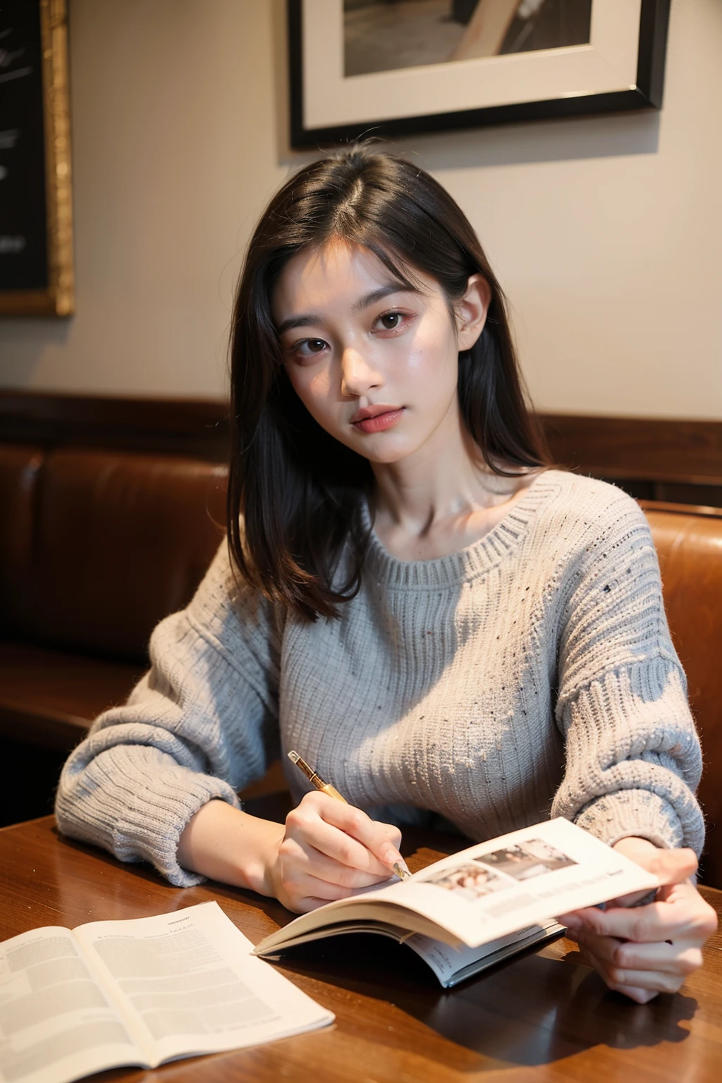 ((highest quality)), ((masterpiece)), (be familiar with), perfect face,Cafe,Female college student,study,coffee shop,reading