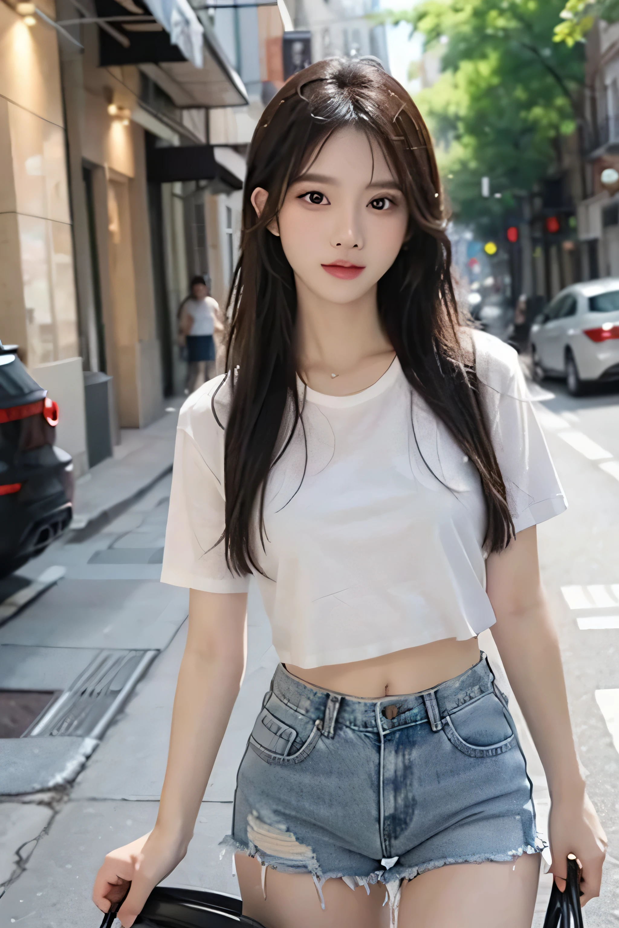 best quality, masterpiece, ultra high resolution, (actual: 1.4), original photo, (Evening Street), 1 girl, black eyes, looking at the audience, long hair, Light makeup, lips, Small ears, White T-shirt, Denim shorts, earrings, ride a ferrari, big breasts, Slim