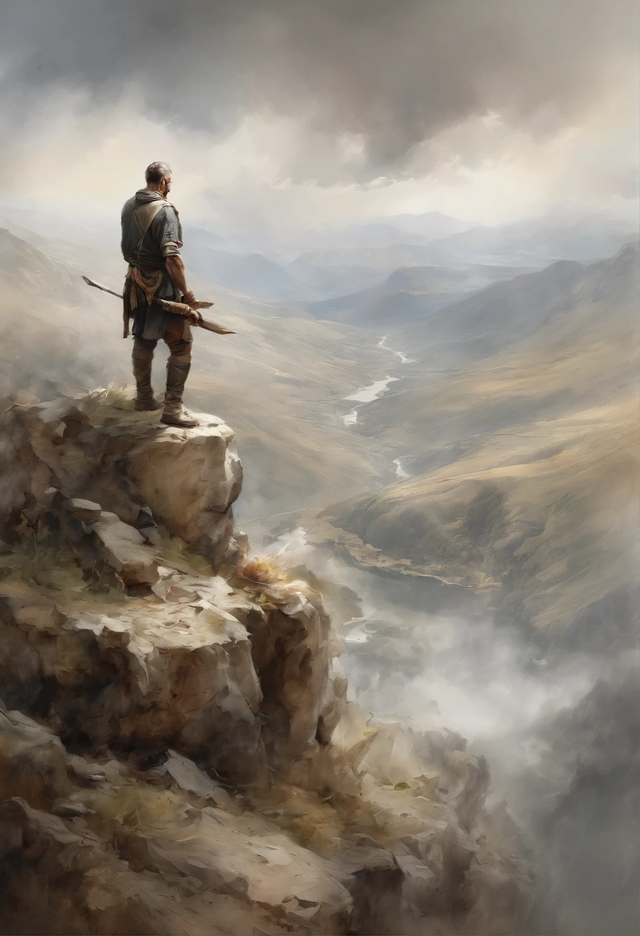 a man seeing down a citadel from the top of a mountain. Dramatic lighting, volumetric lighting, epic illustration. Art by Yoji Shinkawa, symmetric circular iris, approaching perfection, pure form, minimalistic, isometric, concept art by Brian Froud, by Carne Griffiths, by Wadim Kashin, by John William Waterhouse, intricate details, 8k post production, high resolution, TanvirTamim, hyperdetailed, trending on artstation, sharp focus, studio photo, intricate details, highly detailed, by greg rutkowski