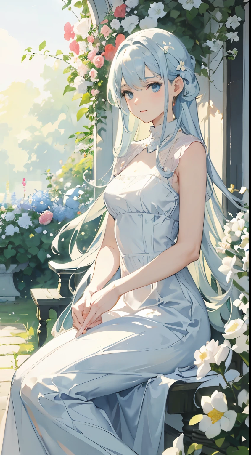 (Sargent style watercolor)、(highest quality、masterpiece)、soft light、(bright and sharp blue eyes), (flowing white dress), (Set in lively gardens), (Surrounded by blooming flowers and lush greenery), (Warm light and gentle sunshine), (A subtle breeze rustles her hair softly), [soft pastel colors], [Impressionist brush strokes], [dreamy atmosphere], (enchanting and seductive).