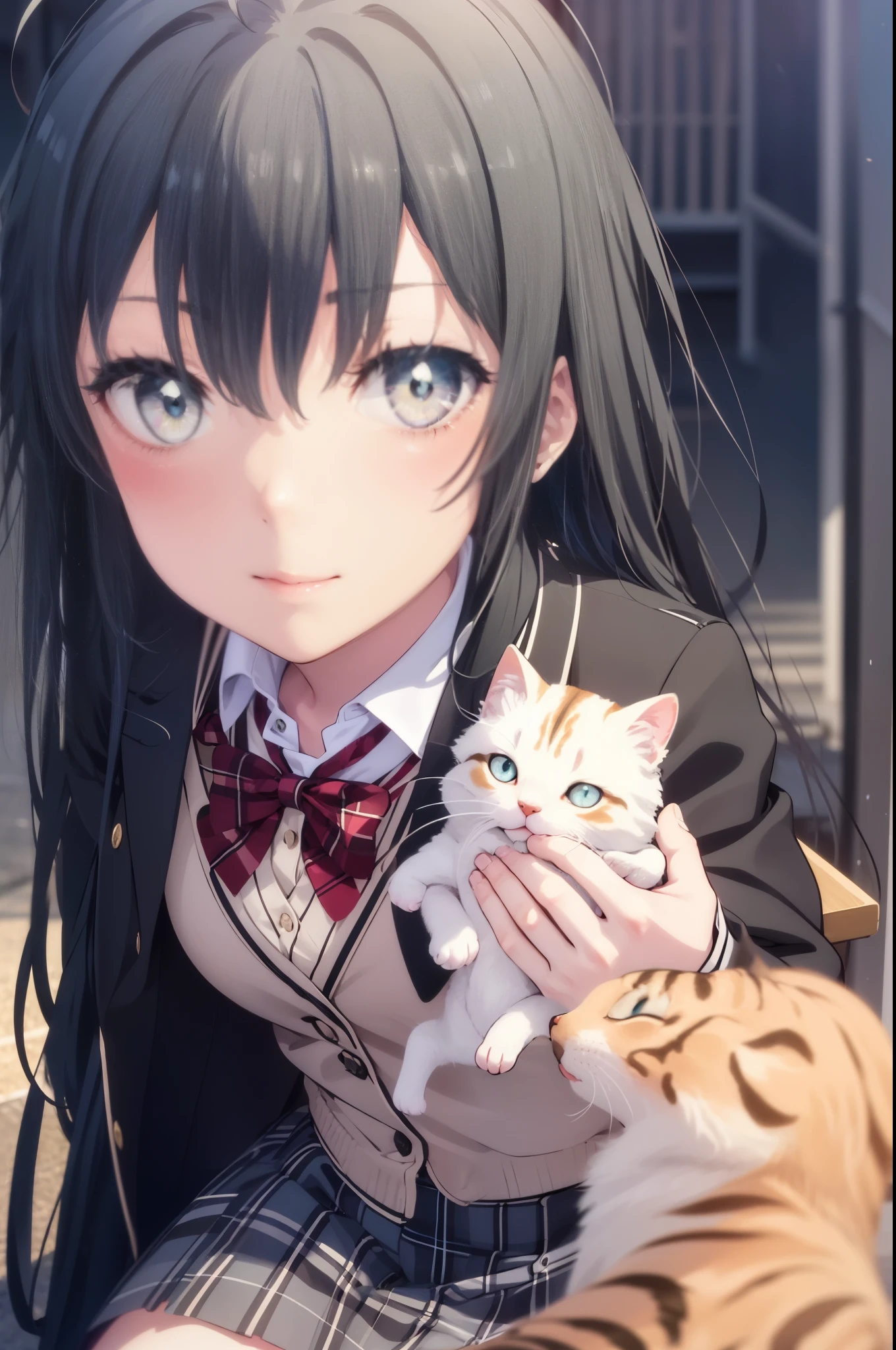 yukinoyukinoshita, yukino yukinoshita, 1woman and calico cat,black hair, blue eyes, long hair, Ahoge,blush,smile,幸せな雰囲気
break blazer, cardigan, Jacket, plaid, plaid skirt, school uniform, skirt, sobu high school uniform,Crouching down and holding a small kitten,
break outdoors, residential street,
break (masterpiece:1.2), highest quality, High resolution, unity 8k wallpaper, (shape:0.8), (fine and beautiful eyes:1.6), highly detailed face, perfect lighting, Very detailed CG, (perfect hands, perfect anatomy),