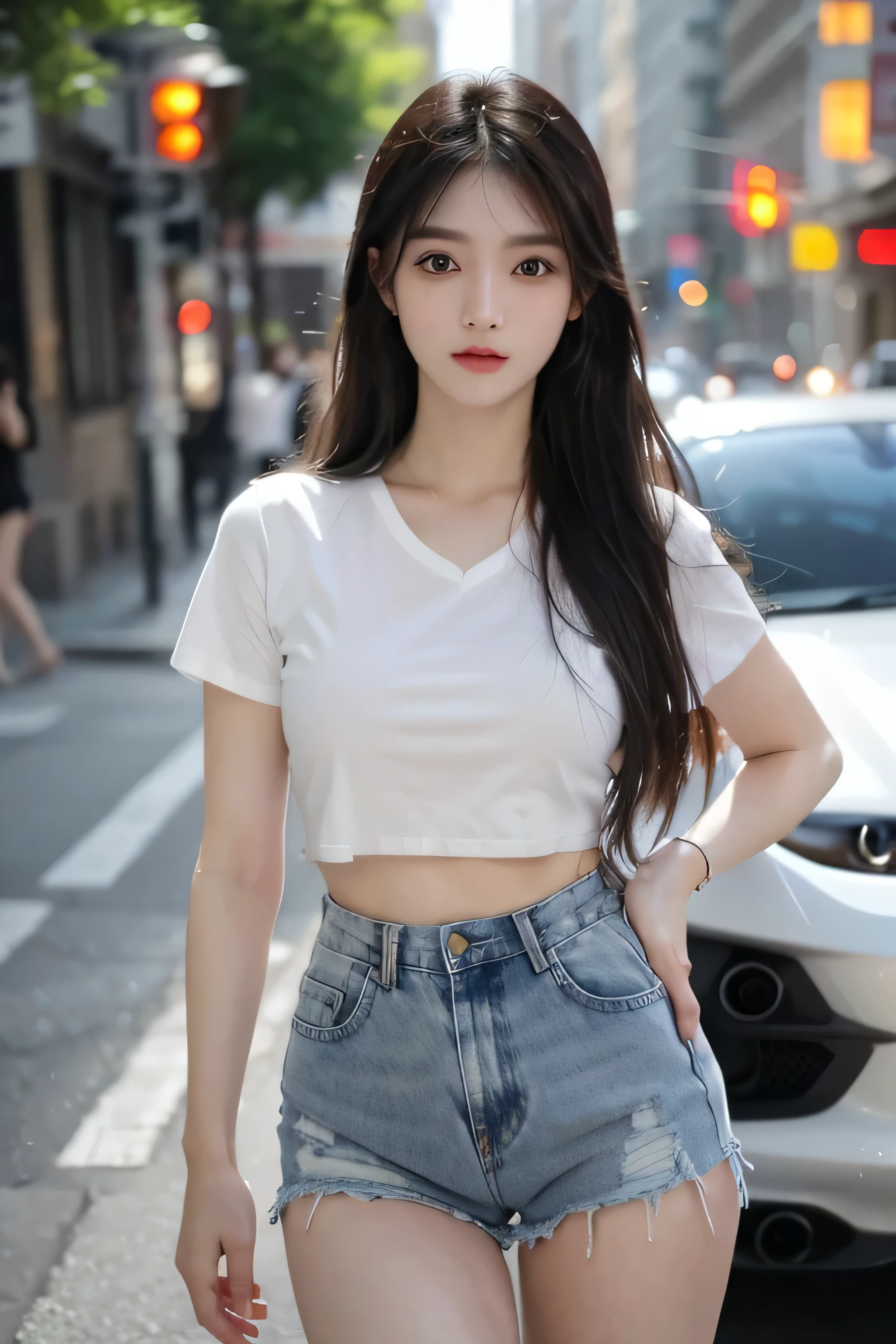 best quality, masterpiece, ultra high resolution, (actual: 1.4), original photo, (Evening Street), 1 girl, black eyes, looking at the audience, long hair, Light makeup, lips, Small ears, White T-shirt, Denim shorts, earrings, ride a ferrari, big breasts, Slim