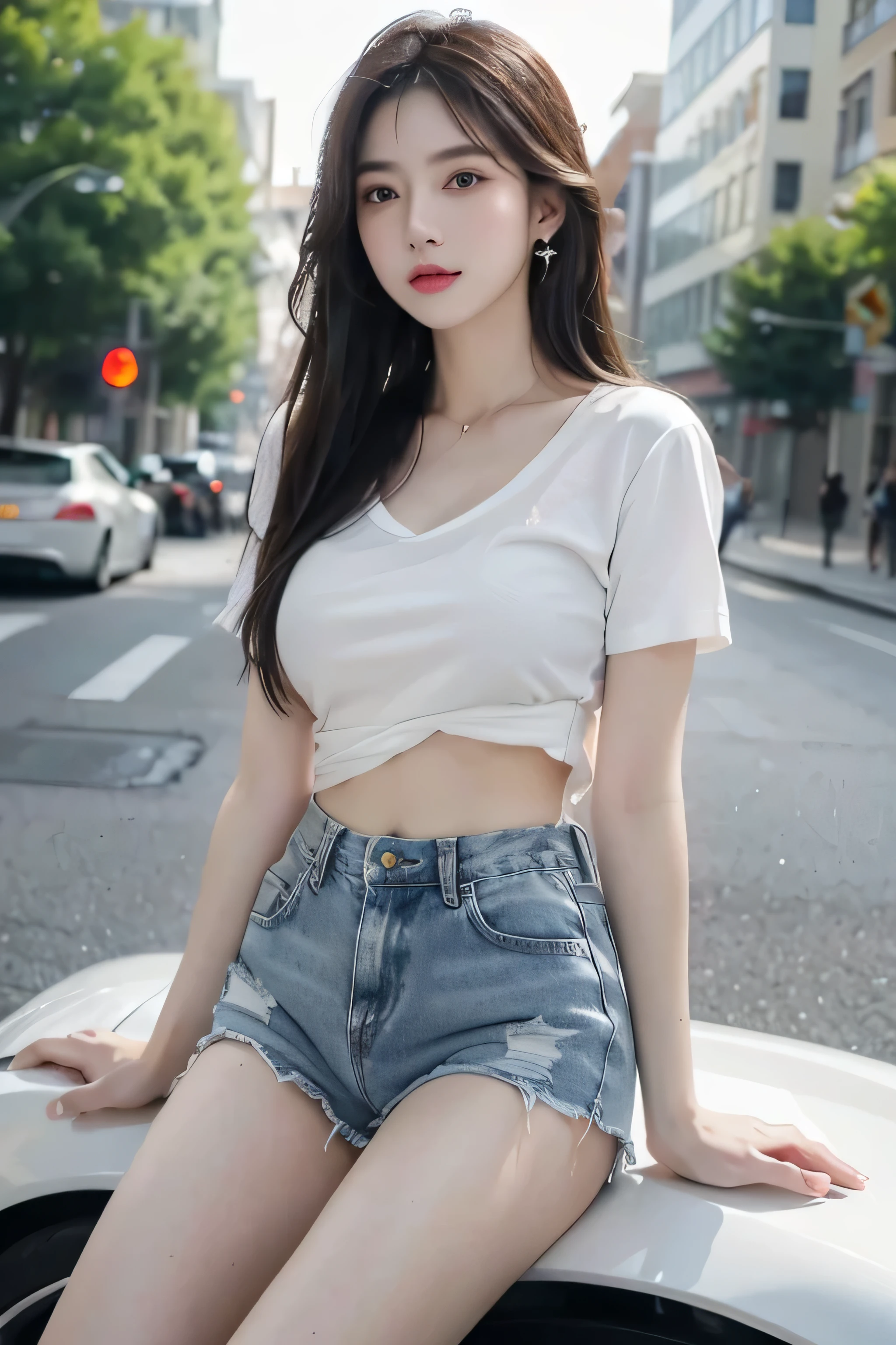 best quality, masterpiece, ultra high resolution, (actual: 1.4), original photo, (Evening Street), 1 girl, black eyes, looking at the audience, long hair, Light makeup, lips, Small ears, White T-shirt, Denim shorts, earrings, ride a ferrari, big breasts, Slim